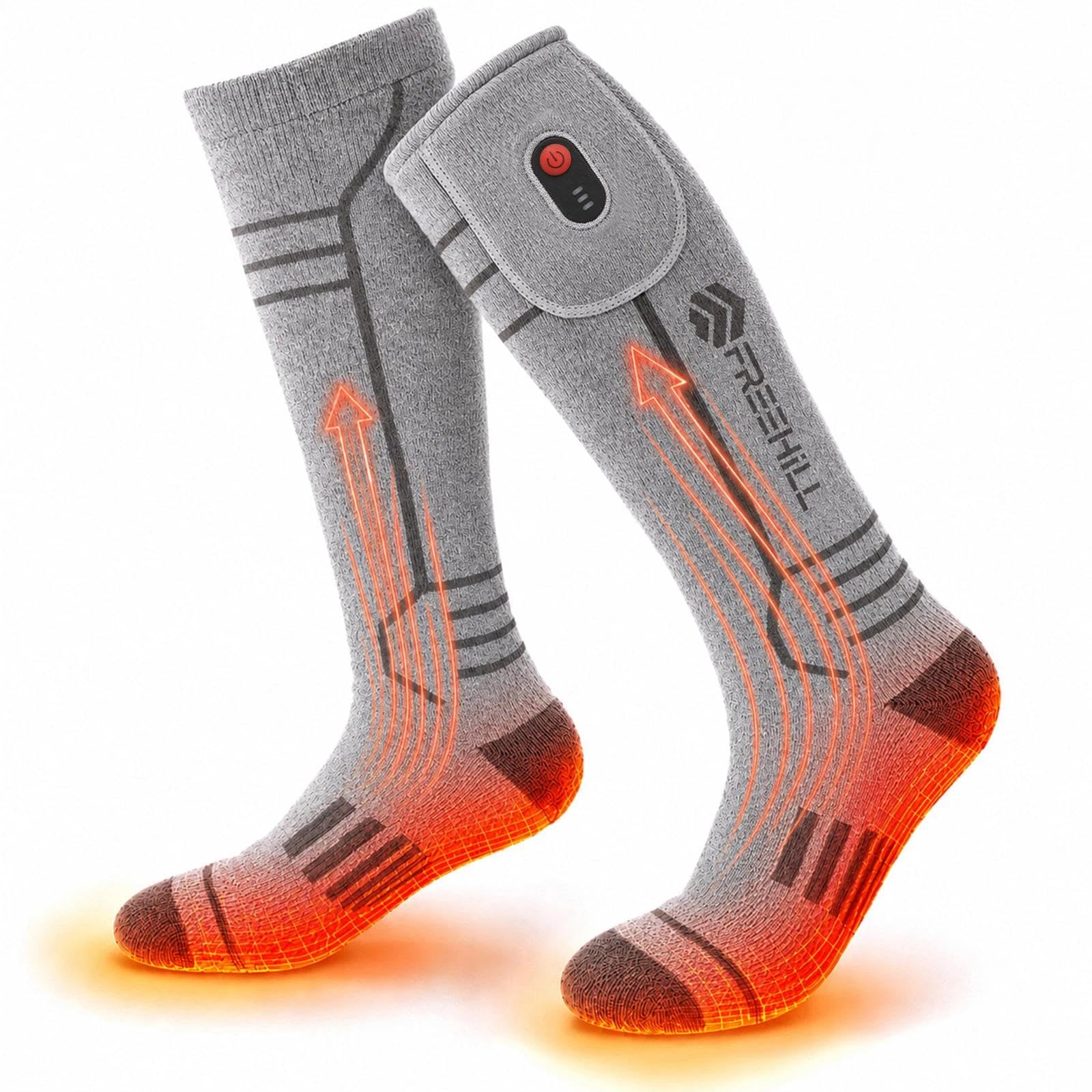 FREEHILL Merino Wool Rechargeable Heated Socks, Full Sole Heating (Grey, M)