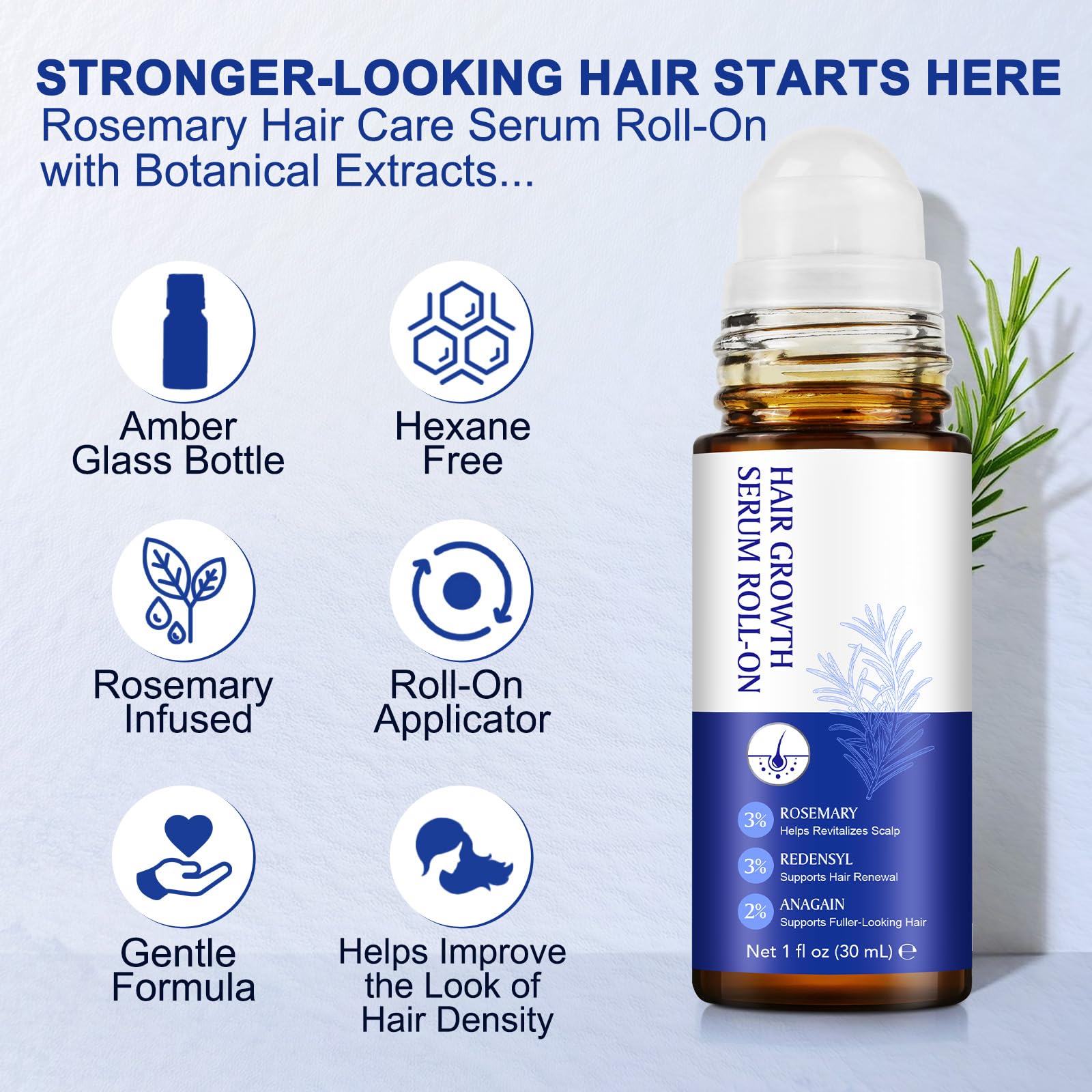 Hair Growth Serum Roll On, Huile et sérum de croissance capillaire au romarin 3%, Redensyl 3%, Anagain 2% - Nourrit les follicules pileux et le cuir chevelu - 30 ml