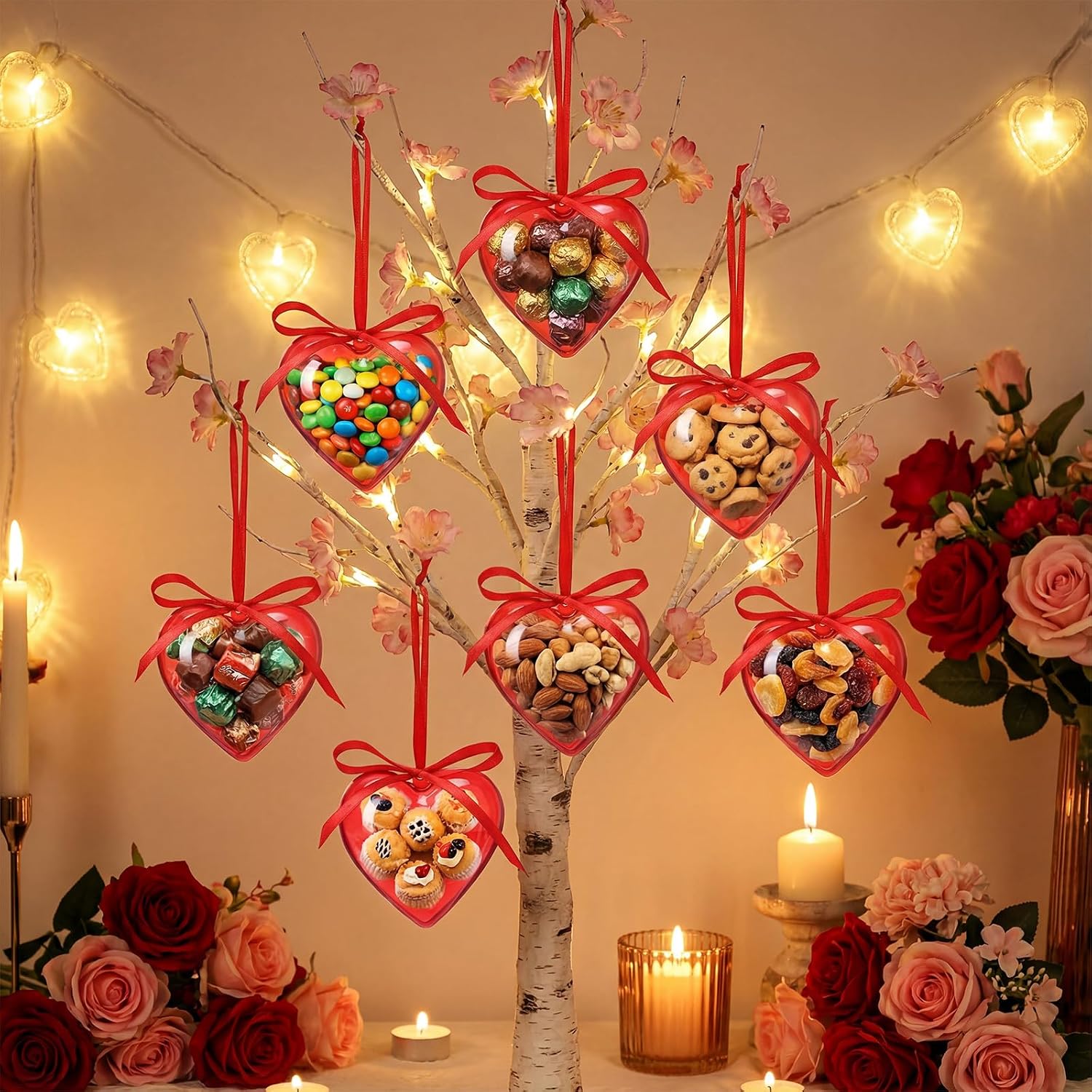 Novabright 24 Pcs Red Plastic Fillable Heart Ornament Valentine Heart Filled Candy Box Case Valentines Day Hanging Ball with Ribbon Exchange Gift DIY Craft Without Diamond(65/80/100mm) image 3