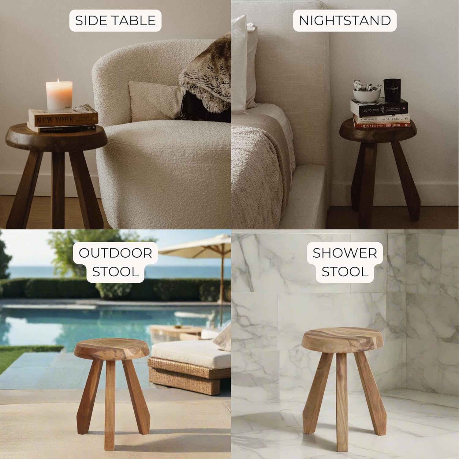 Meribel Milking Stool, Reclaimed Teak Wood. Small Side Table, Outdoor Side Table, Plant Stand, Nightstand, Footstool, Teak Shower Stool - Raw Teak
