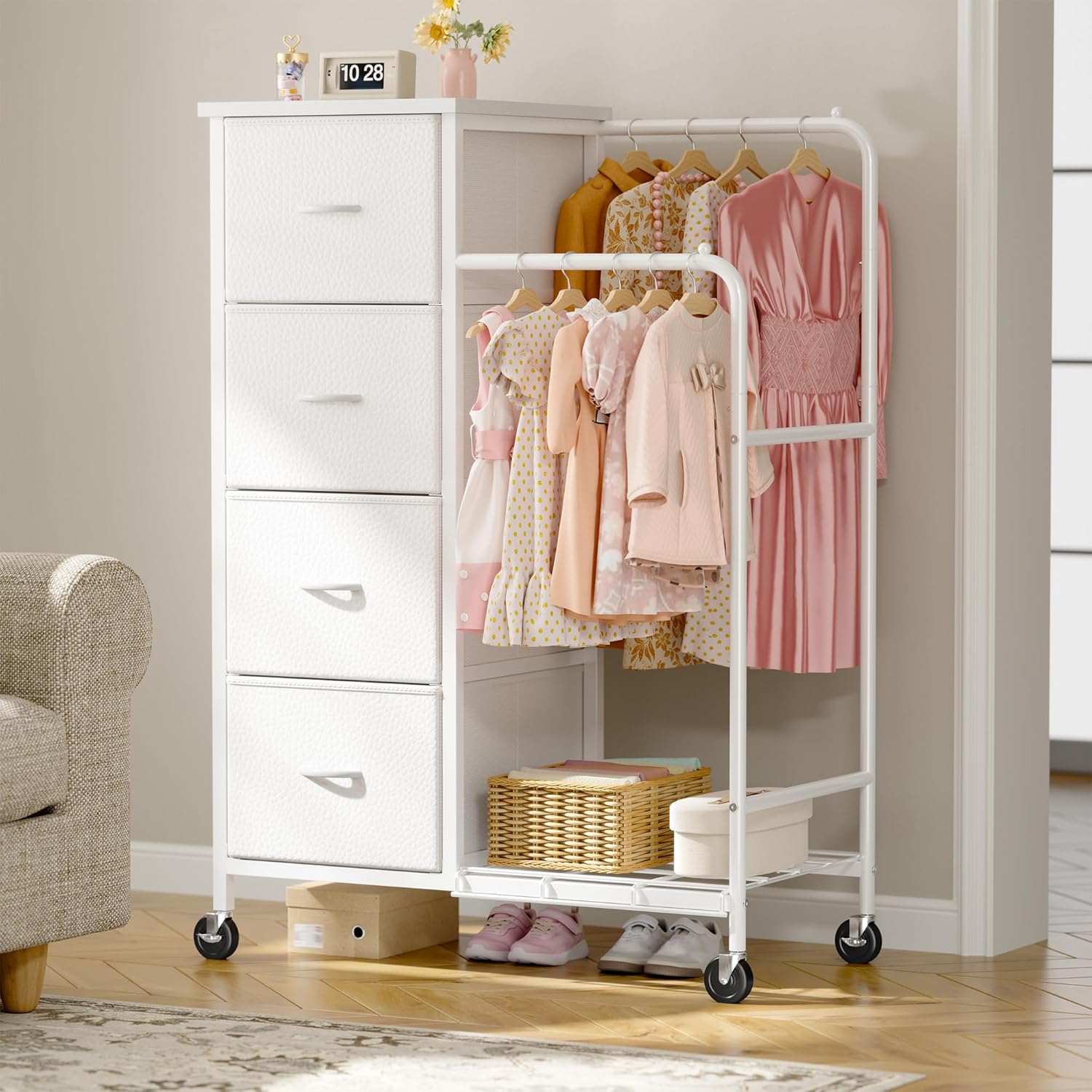 Romorgniz 47.3" H Dresser with Hanging Rack, 4 Fabric Drawers with Double Clothes Rack & Wheels, Tall Closet Organizer Dresser for Bedroom, Entryway, White, 15.8" D x 29.9" W x 47.3" H