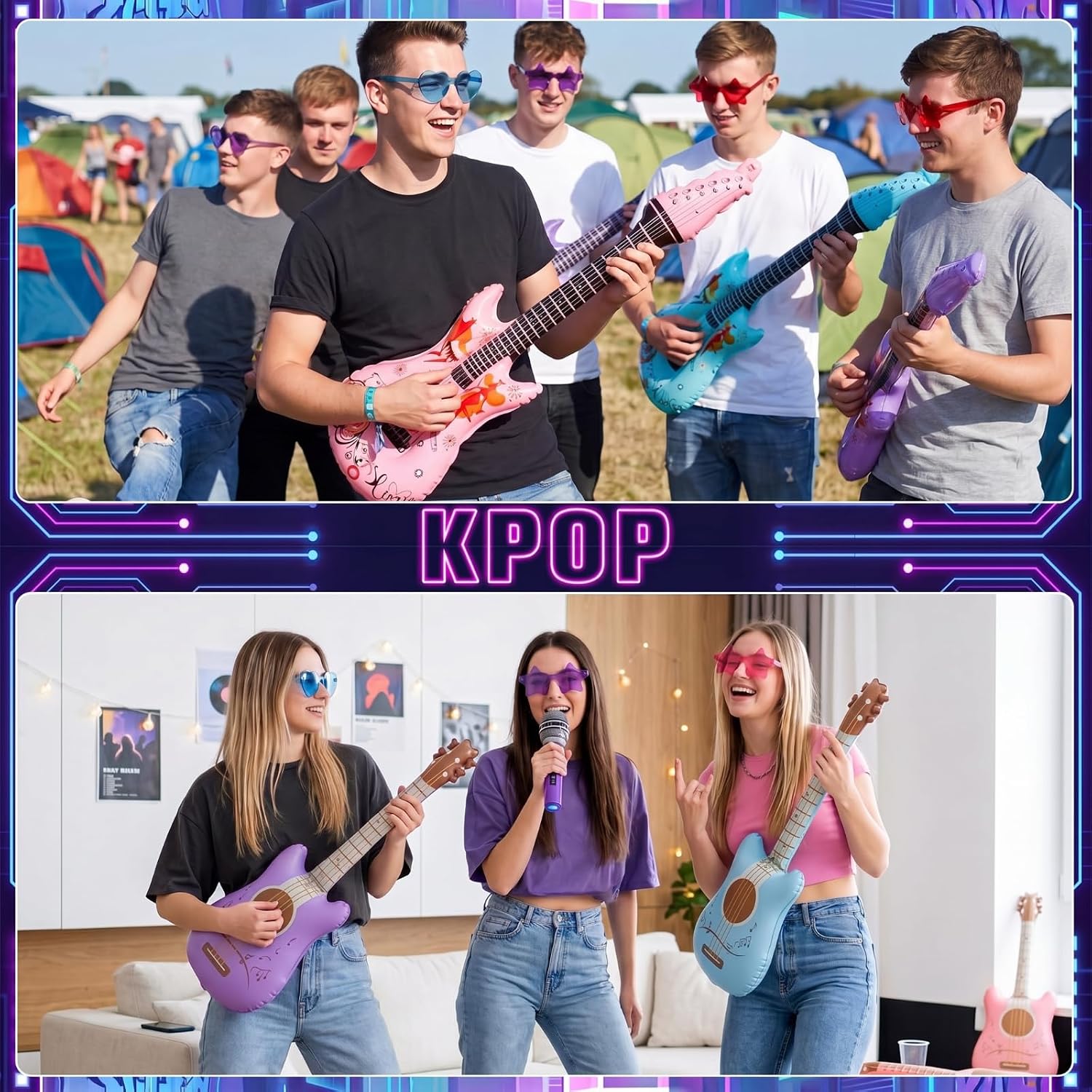 Duraaamo 37 Pcs Pcs Kpop Disco Theme Inflatable Party Props Set 6 Microphones, 6 Guitars, 6 Colorful Glasses, Inflatable Party Accessories for Kpop Music and Dance Celebrations (Blue,Purple,Pink)