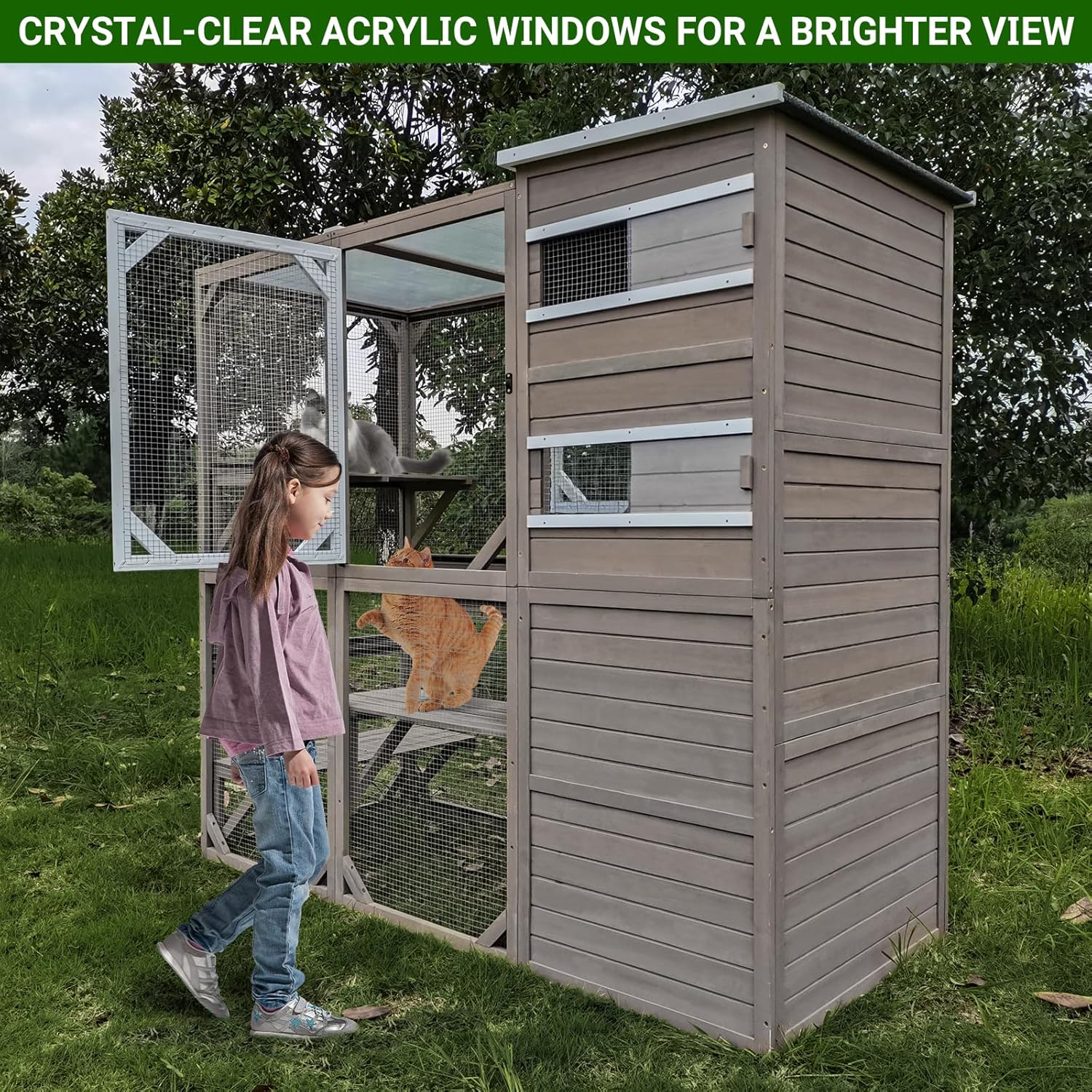 PetsCosset Catio Cat Enclosure Outdoor, Large Cat House Outdoor Weatherproof Attached to Window for Multi Cats, Asphalt and UV Protection Roofs, Multi Platforms-71 H 77" L