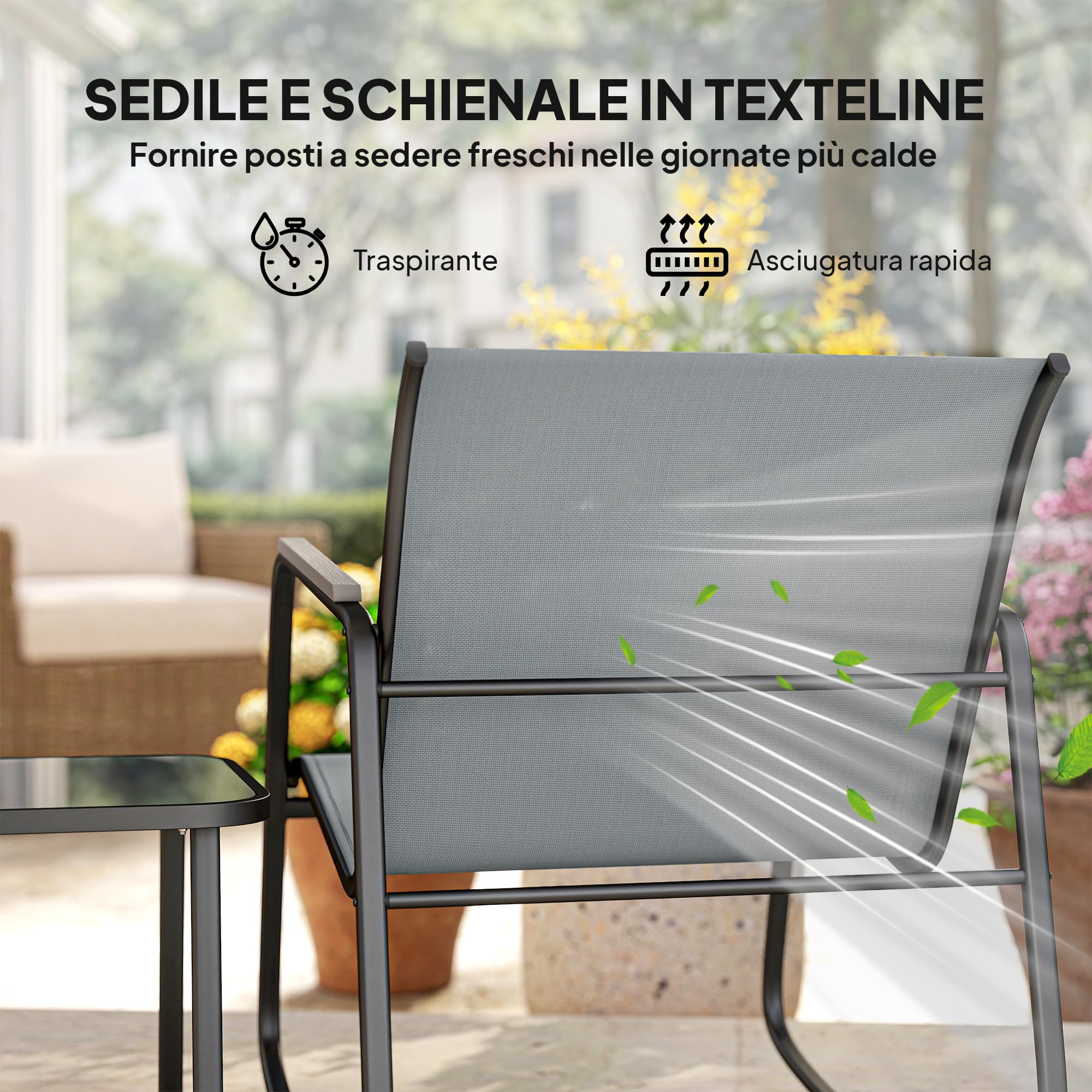 Outsunny Set da Bistrò da 3 Pezzi, Set Tavolo e Sedie da Giardino in Acciaio con 2 Sedie a Dondolo Traspiranti in Texteline e Tavolino in Vetro, per Patio Balcone, Grigio