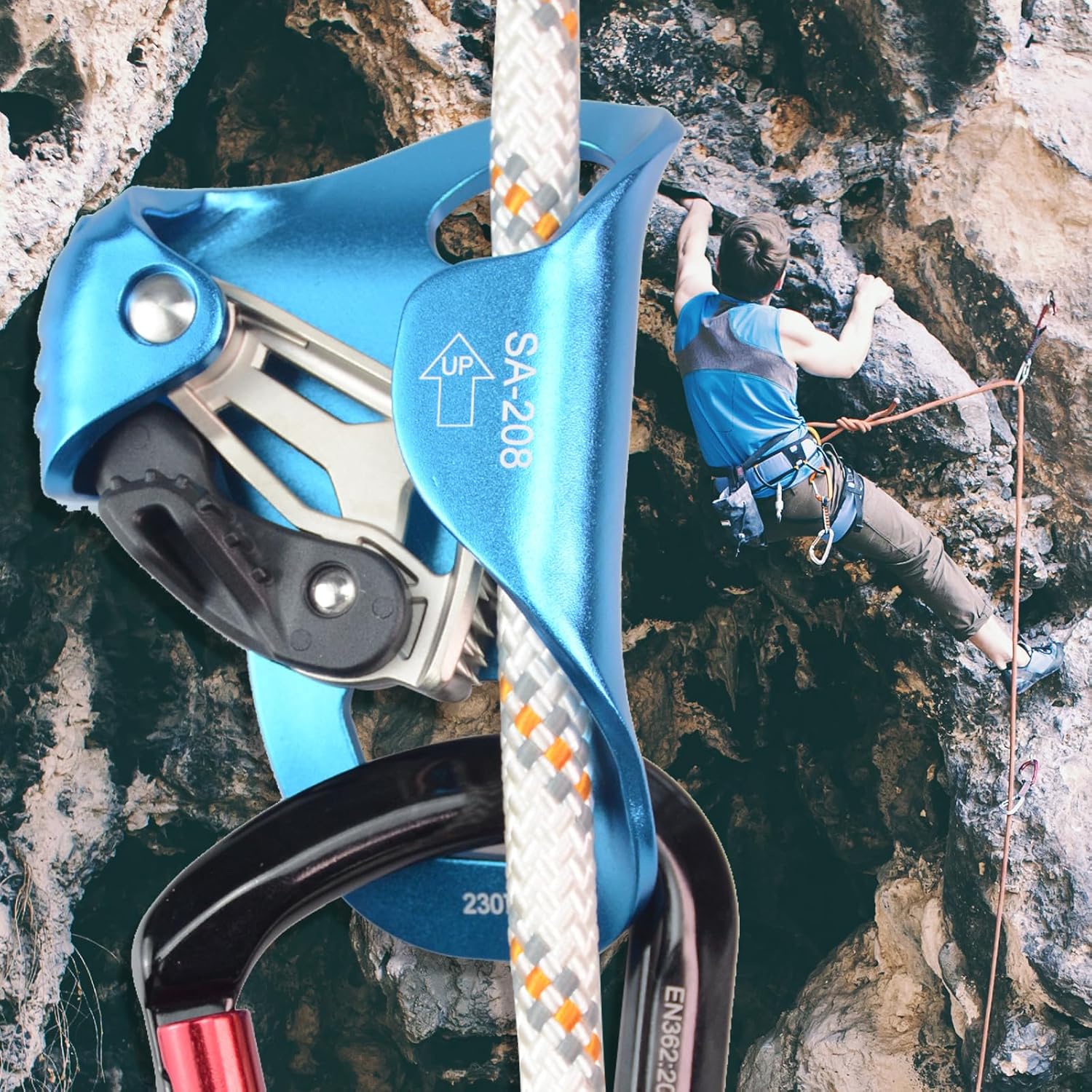 Upgraded Climbing Chest Ascender,CE Certified 100kgs Strong Rappelling Gear Equipment W/Sharp Stainless Teeth for Rock Climbing, Tree Arborist, Rescue, Mountaineering, 8~13MM Rope,4kN