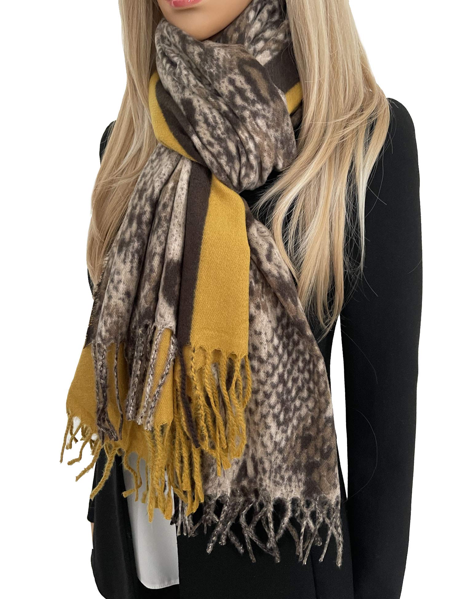 Women Leopard Print Scarf Shawl - Animal Leopard Print Gifts, Silk Pashmina Wrap, Large Long Ladies Scarves, Wearable Blanket Scarf, Womens Winter Scarfs, Stole, Head Neck (Fleece: Snakeskin Mustard)