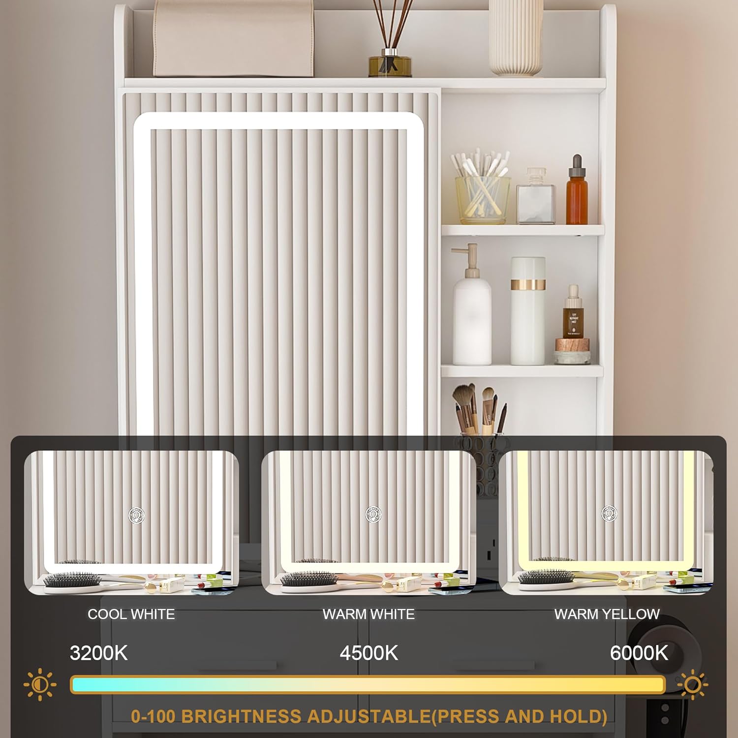 Modern Mini Makeup Vanity, Vanity Desk with Mirror and Lights, Dressing Table with Storage, Drawers and Padded Stool for Small Bedroom. (White)