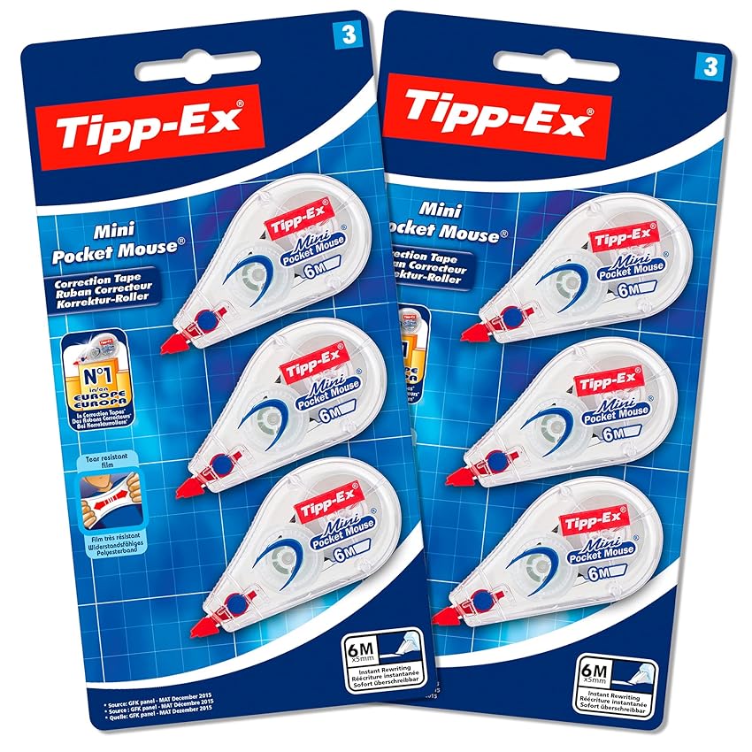 Immagine del prodotto Tipp-Ex, Pocket Mouse, Bianchetto a Nastro, Cancelleria Scuola e Ufficio, Correttori a Nastro 3x2, Confezione da 6 Unità
