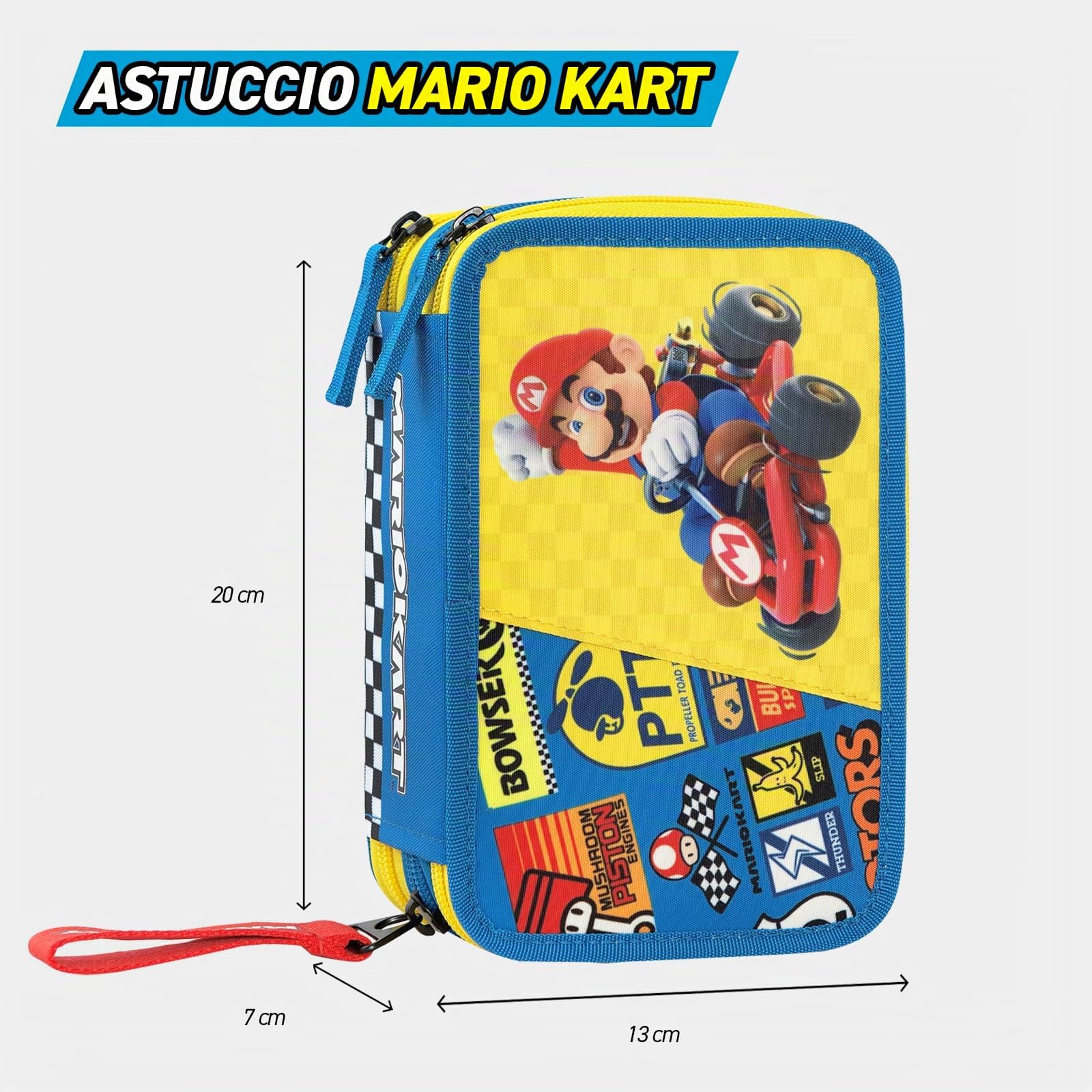 MARIO KART - Astuccio Scuola Ufficiale Mario Kart, Astuccio 3 Scomparti Bambino e Bambina con Set Cancelleria, Penna Cancellabile Blu e Pratica Chiusura a Zip