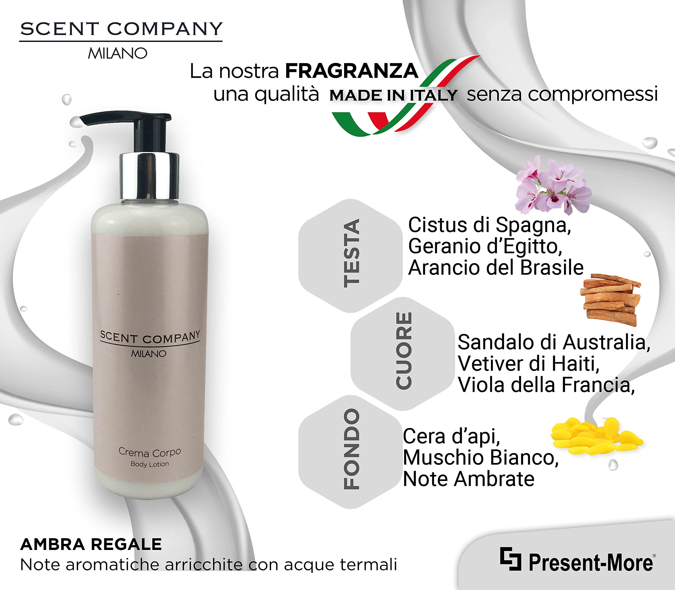 Present-More Body Lotion 300ml Scent Company Milano - Körpercreme 15 Stücke für Hotels und B&B | Körpercreme mit Duftnote Royal Amber | Body Lotion ohne Gentechnik – Duft Bernstein – Made in Italy – Ideal für Hotels und B & B