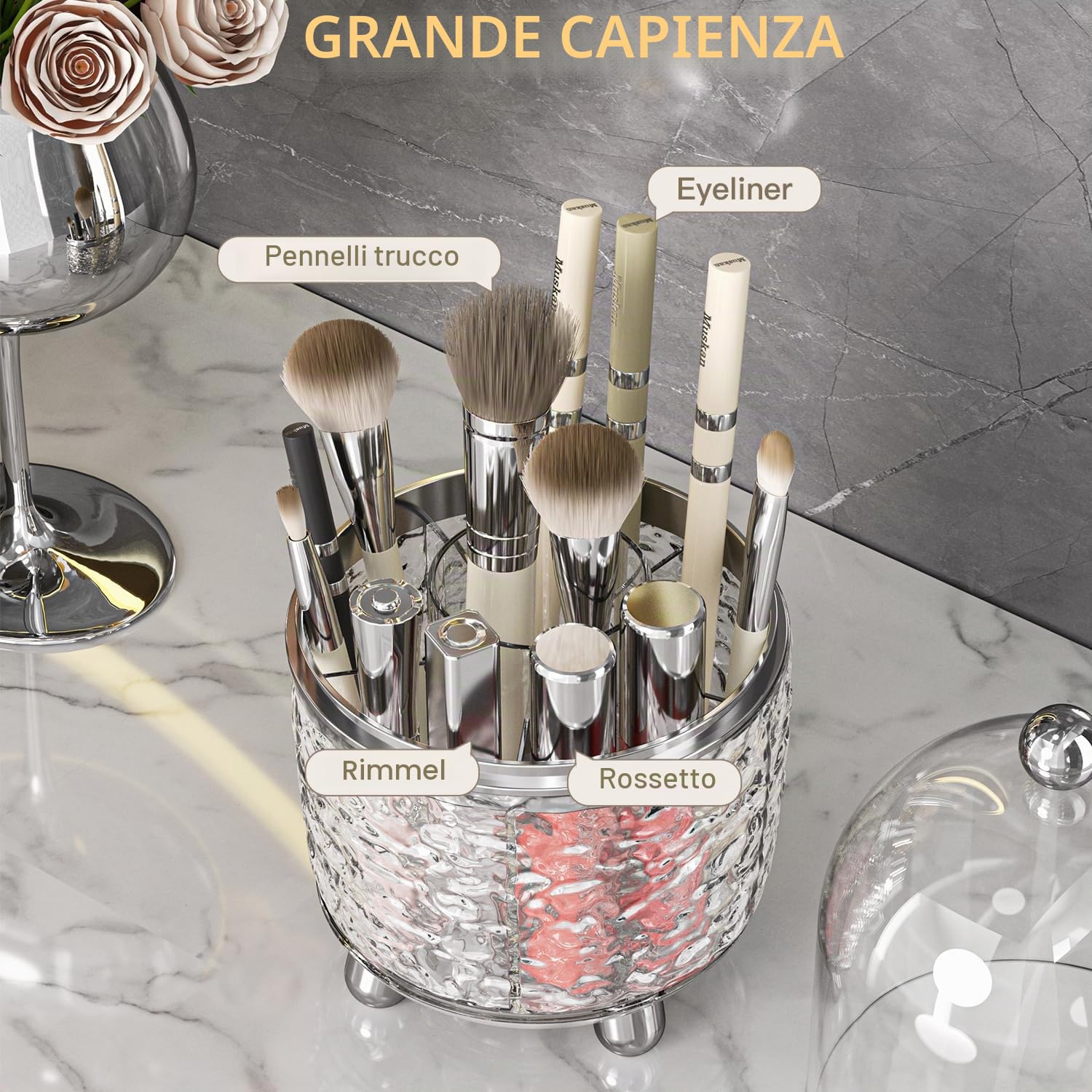 CHIRISEN, porta-pennelli per trucco con coperchio, organizer per cosmetici girevole a 360° con protezione antipolvere, ideale come regalo per fidanzata, moglie o amiche (trasparente)