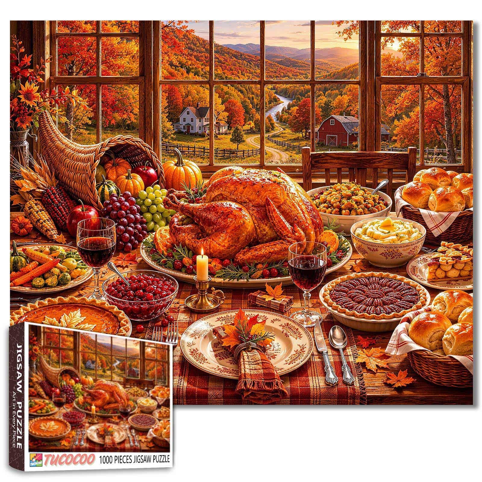Thanksgiving Dinner Jigsaw Puzzles for Adults 1000 Pieces Golden Autumn Scene DIY Puzzles for Family Activity Games Harvest festive Art Jigsaw Puzzles Home Wall Decor Craft Gifts 19.7 x 27.6 Inch โ image 1