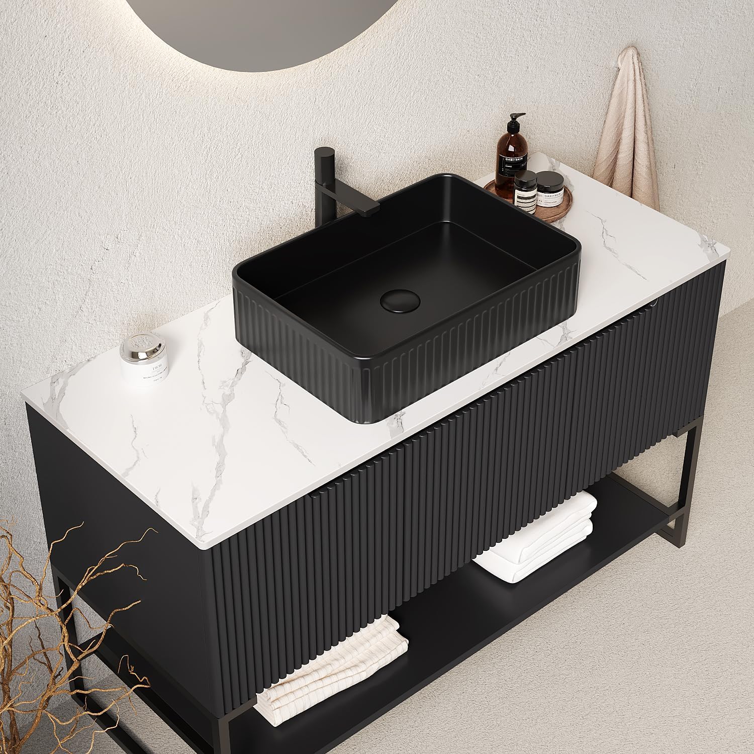 LKTART 48" Black Bathroom Vanity with Sink, Freestanding Modern Bathroom Vanity with 3 Doors and Open Shelf, Black Rectangular Ceramic Basin and White Sintered Stone Counter Top