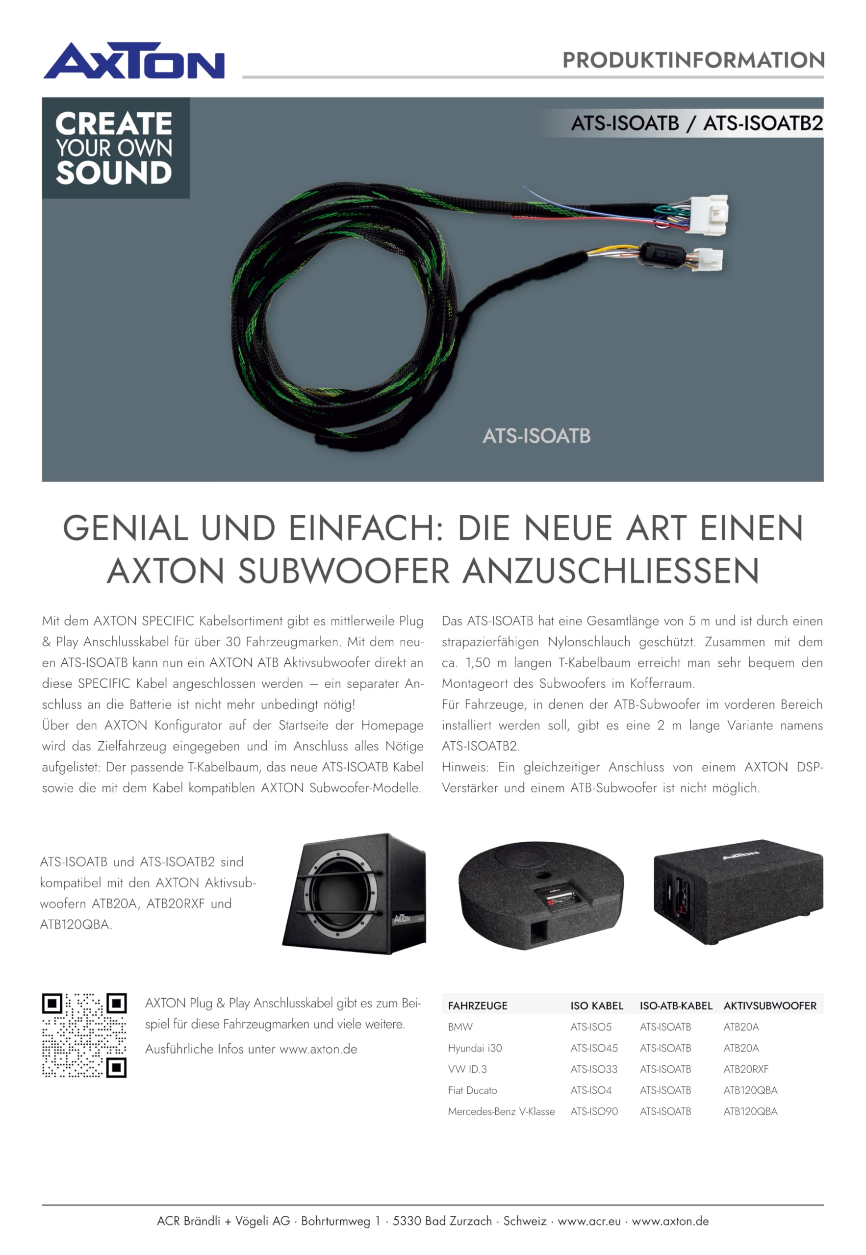 AXTON ATS-ISOATB Câble de connexion Plug & Play spécialement conçu pour les caissons de basses actifs AXTON ATB20A, ATB20RXF et ATB120QBA dans le véhicule, longueur 5 m