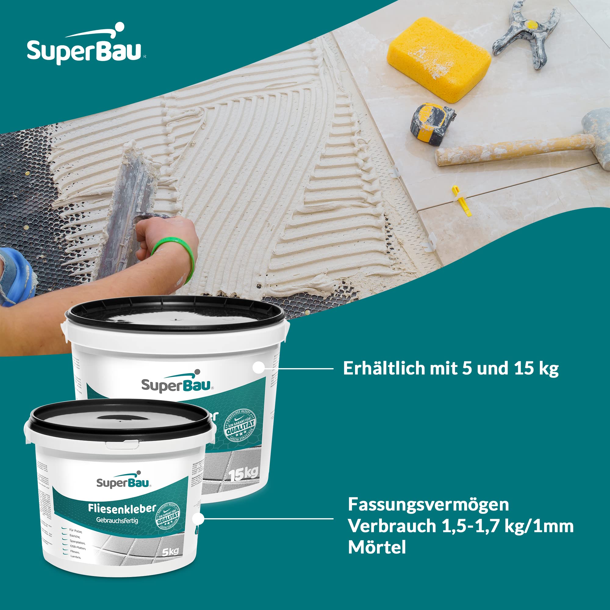 Gotowy do użycia klej dyspersyjny (5 kg ok. 3 m²) do płytek, zaprawa elastyczna, do terakoty, porcelany, płytek glinianych, mozaikowych, płytek, gotowy do trudnych podłoży, gotowy do domu