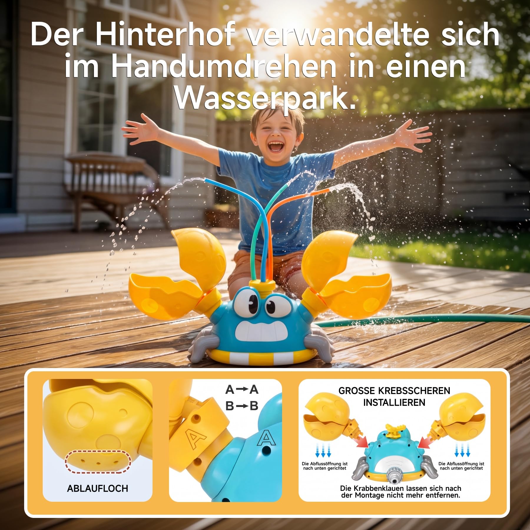 Kinder Wassersprinkler Krabbe mit Cornhole Säcken & Wasserspaß | Drei Sprinkler-Modi, interaktives Säckchen Wurfspiel, perfektes Outdoor Wasserspielzeug für Kinder im Garten.