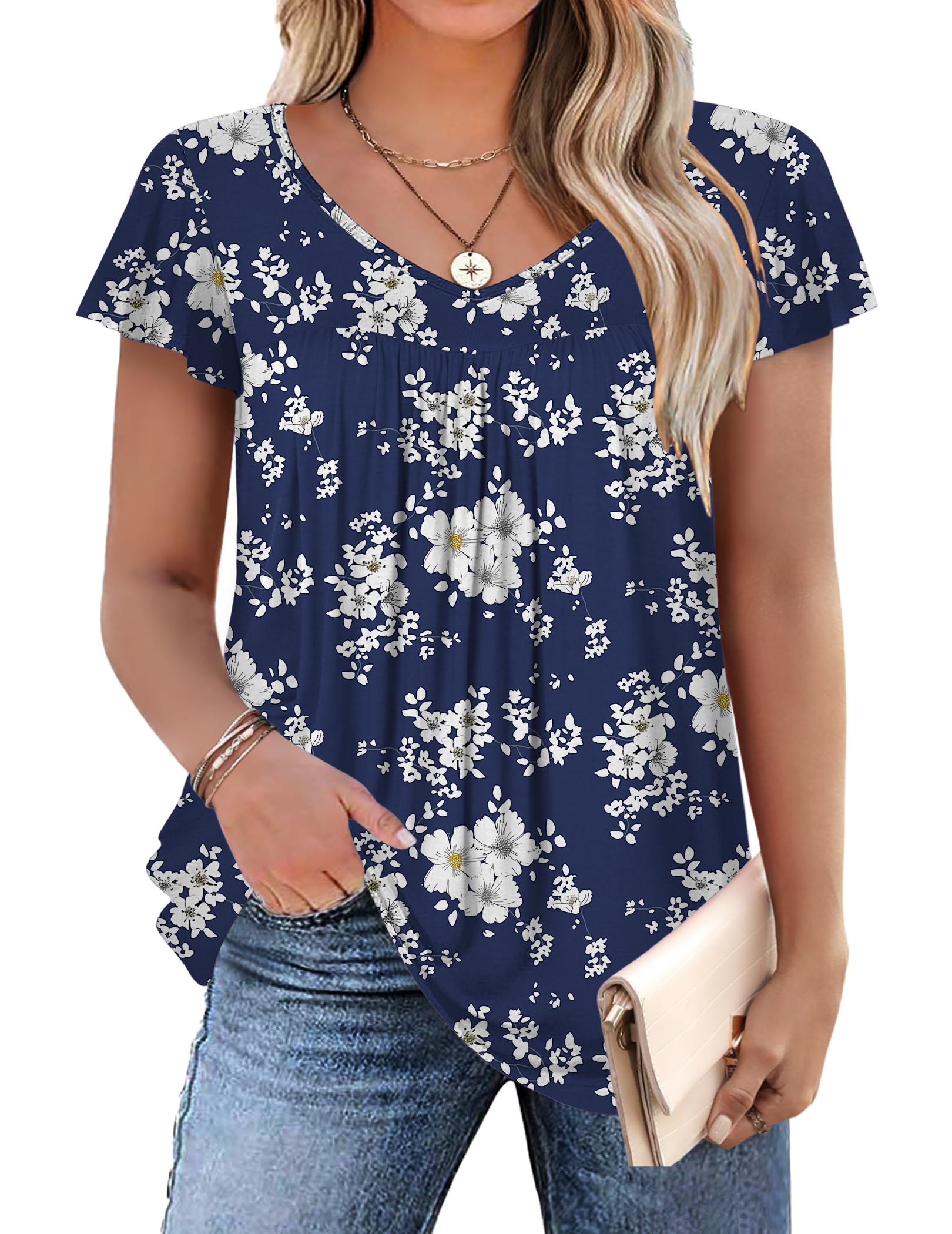 IN'VOLAND Plus Size Womens Ruffle Sleeve Tunic Tops V Neck Summer Shirts Floral Print Tops Dressy Blouse