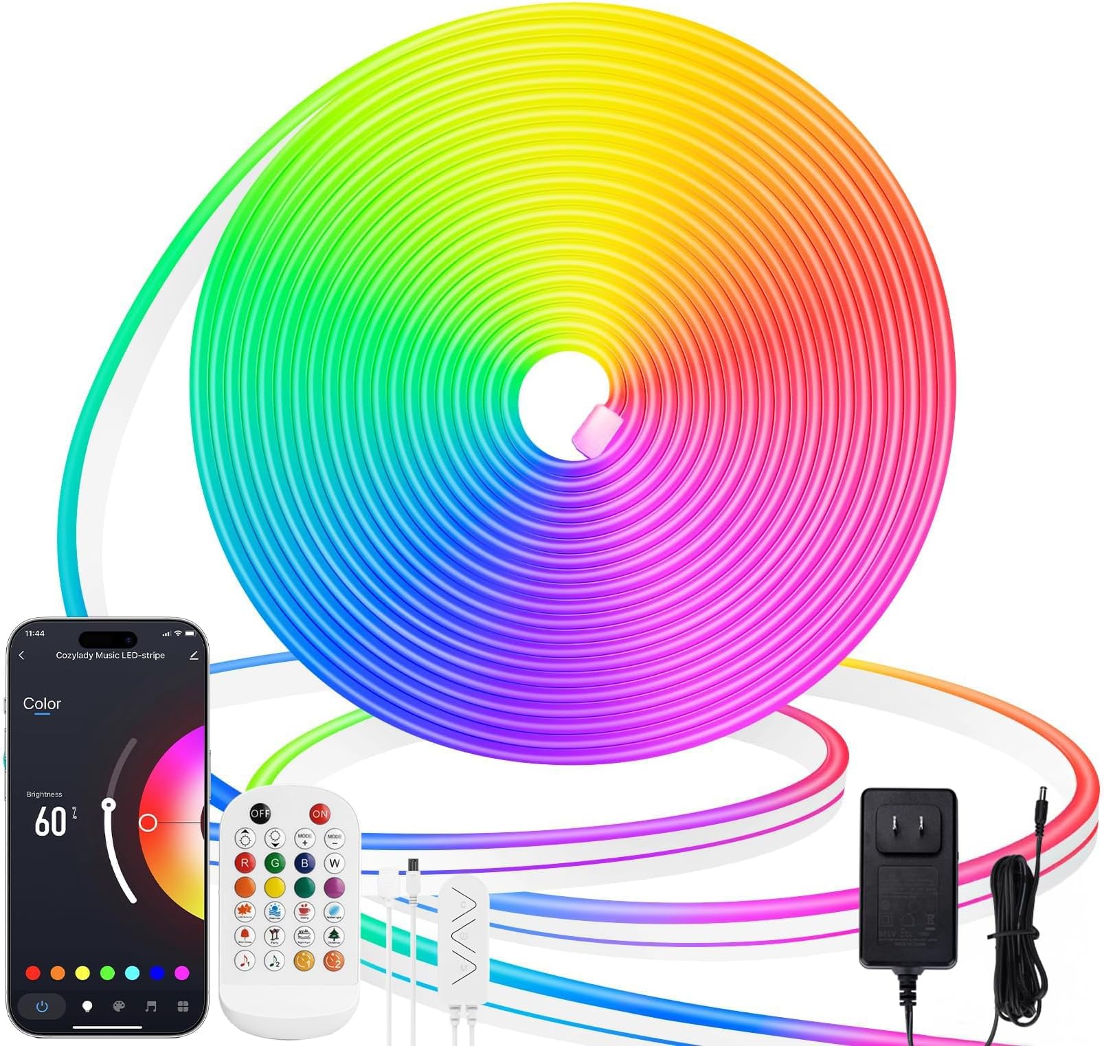 Lamomo LED Tape Light 5M, Dimmable and Color-Changing, Tube, Indirect Lighting, IP65 Waterproof, High Brightness, Cuttable, Neon Light, Bluetooth App & Remote Control, Music Sync, Light Tape for Party