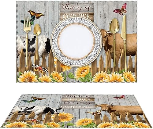 Miniatura 2 de Manteles individuales de verano con girasol de vaca de animales de granja con cita familiar This is Our Life, resistentes al calor, antideslizante,