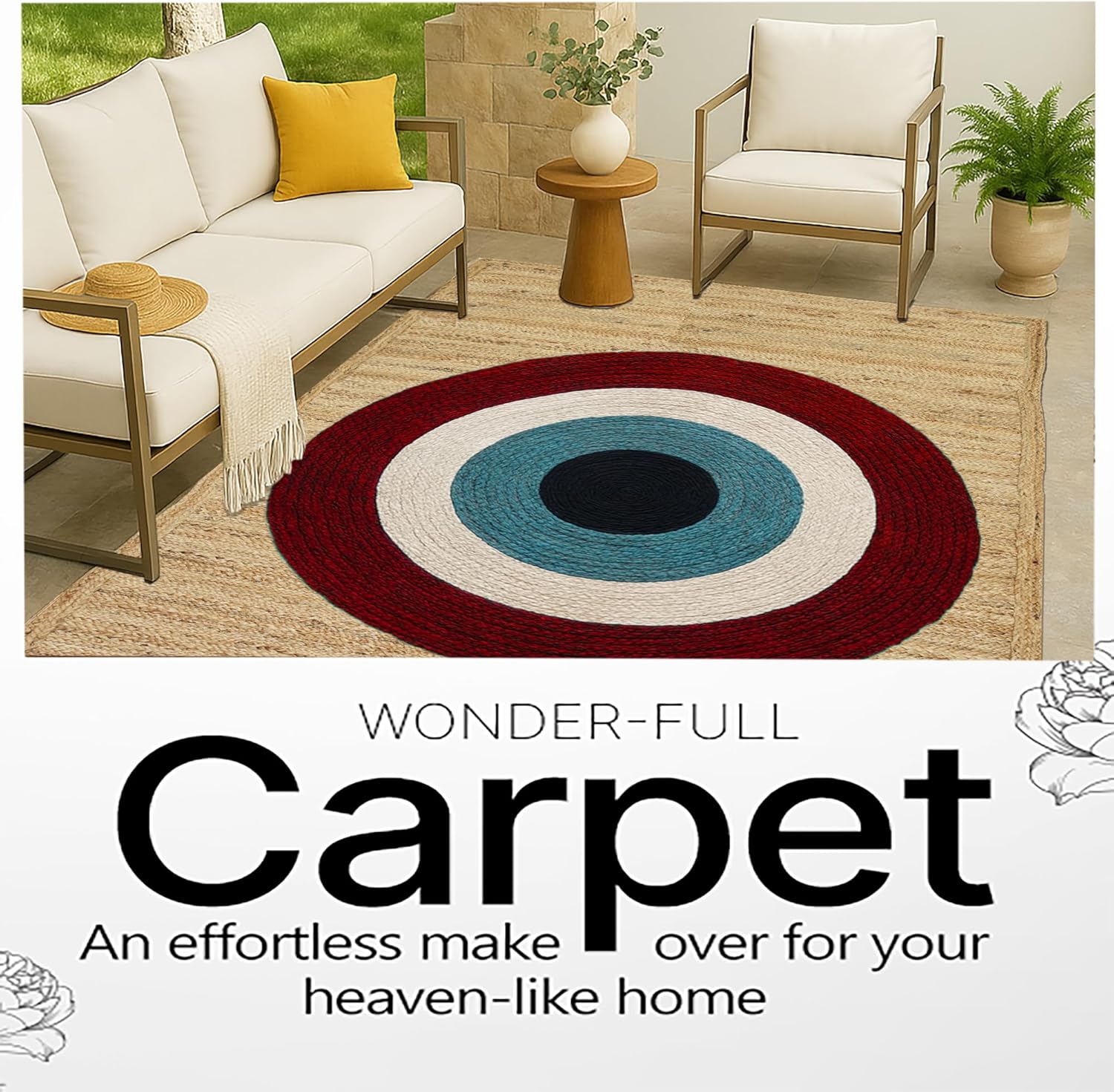 Heavy Material Handmade Jute Area Rug Natural Jute Kilim Rug 10x18 Thick 0.27" Geometric Red & Beige Evil Eye Rugs for Kids Room Bedroom Dining Table Farmhouse Decor Carpet