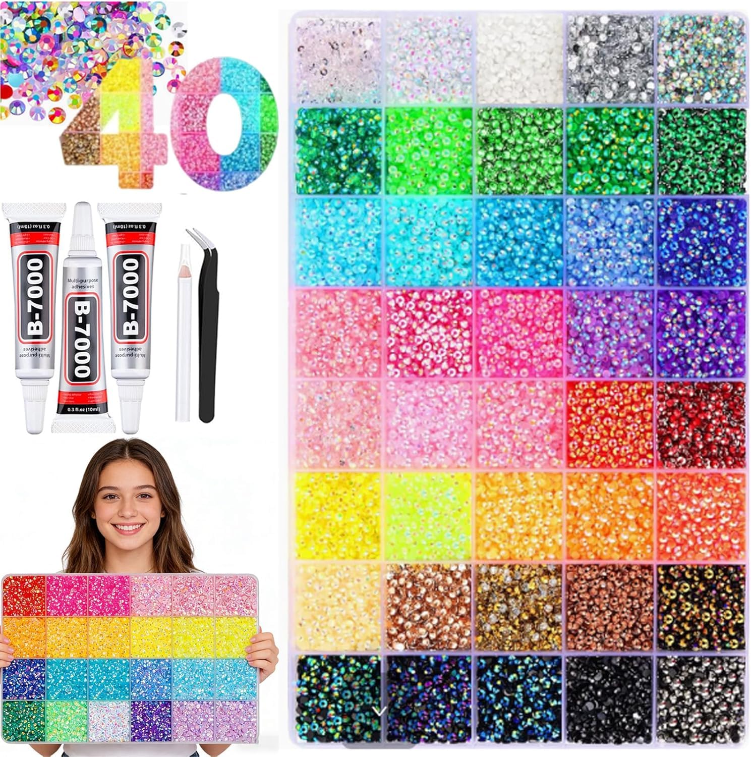 Bedazzling Kit con colla, 40 colori, 40000 pezzi, strass Bedazzle per artigianato e fai da te