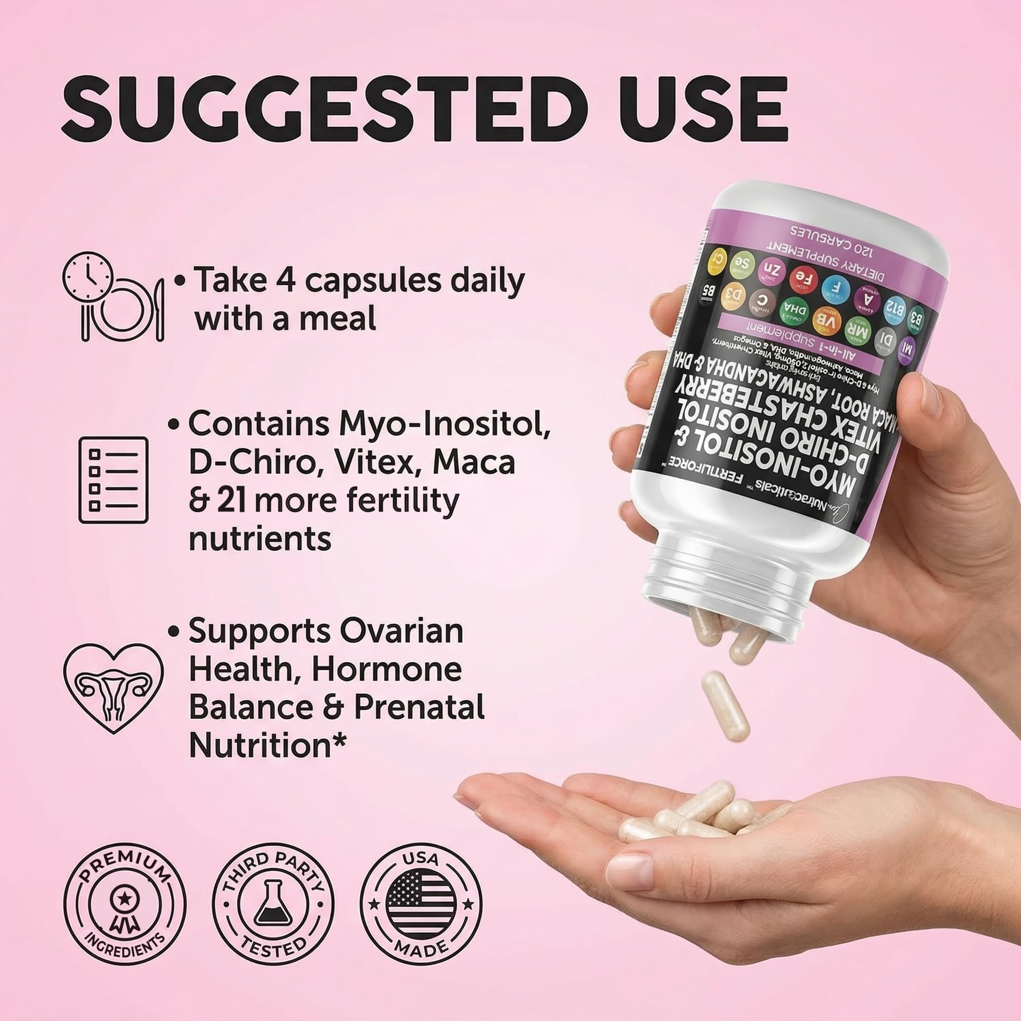 Clean Nutraceuticals Myo-Inositol & D-Chiro Inositol 2050mg Fertility Supplement 40:1 Ratio - Prenatal Vitamins for Women with Ashwagandha Maca Root Vitex Chasteberry Iron DHA Folic Acid DIM Zinc (1) — Amazon image 6