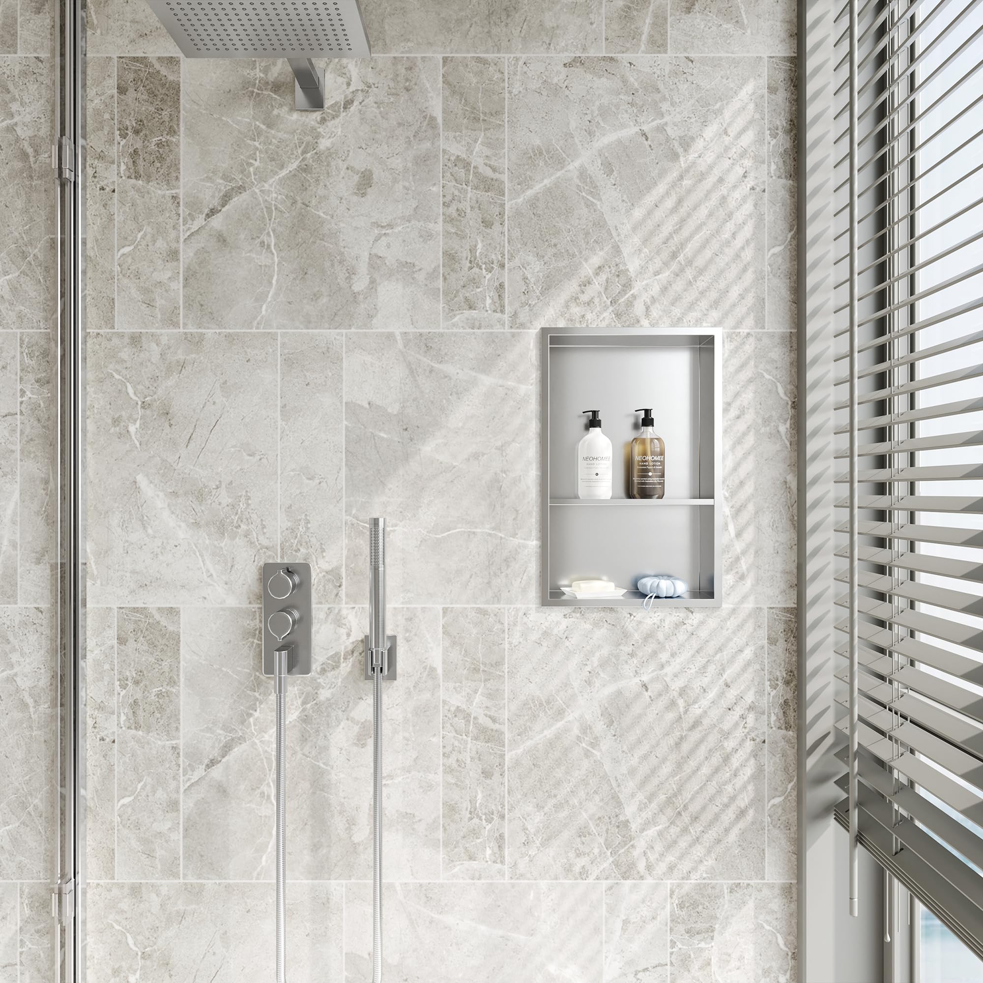 Neodrain Doccia con nicchia a parete in acciaio inox doccia doppia nicchia stoccaggio per bagno 60 x 30 cm, spazzolato