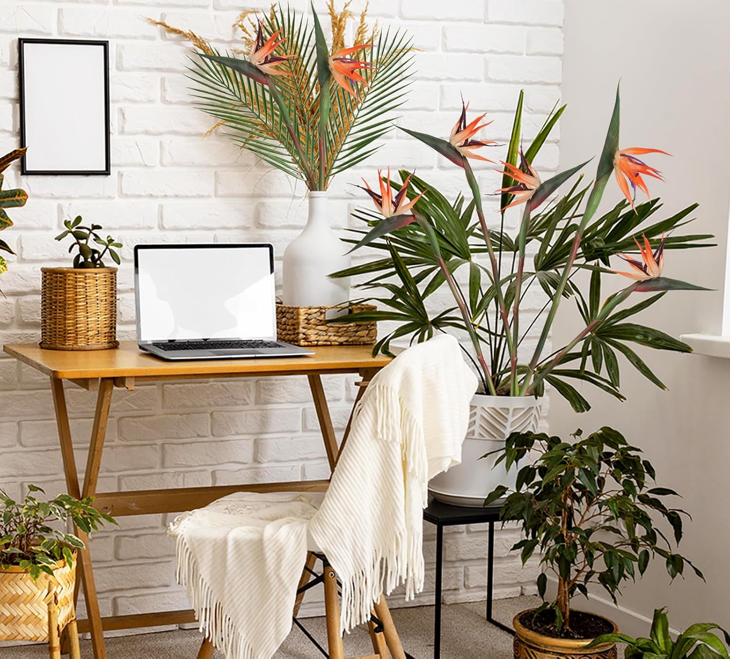 Bird of Paradise Artificial Plant Combo Palm Leaves,Faux Bird of Paradise Plant with Artificial Palm Leaves for Wedding Garden Office Home Indoor and Outdoor Decor(Orange) - Image 5