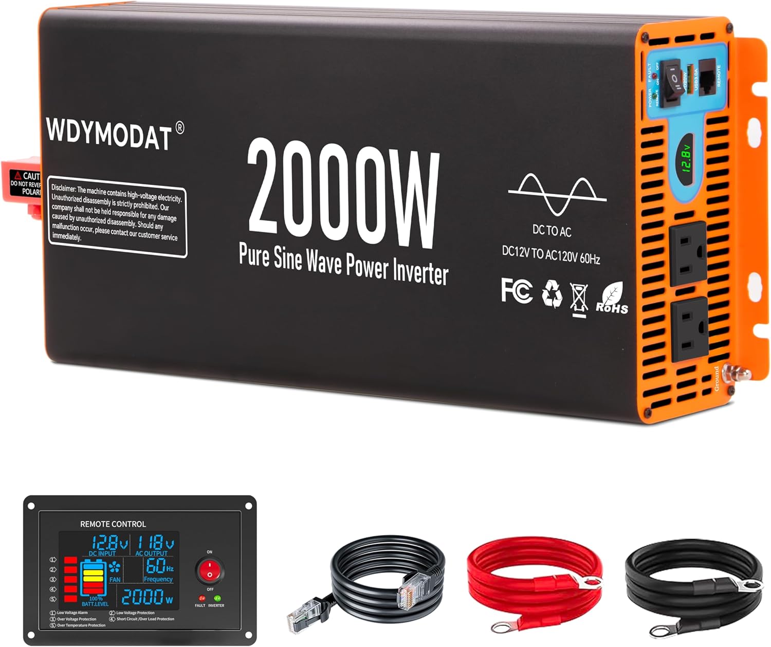 2000W Pure Sine Wave Inverter,12V DC to 120V AC Car Power Inverter 4000W Peak with 2AC Outlets, 3.0A USB and Type-C, LCD Display 16.5 ft Remote Control for RV Truck Travel Solar Emergency