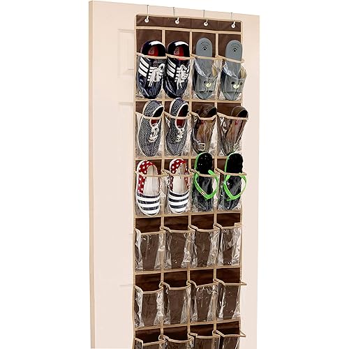 24 Pockets - SimpleHouseware Crystal Clear Over The Door Hanging Shoe Organizer, Brown