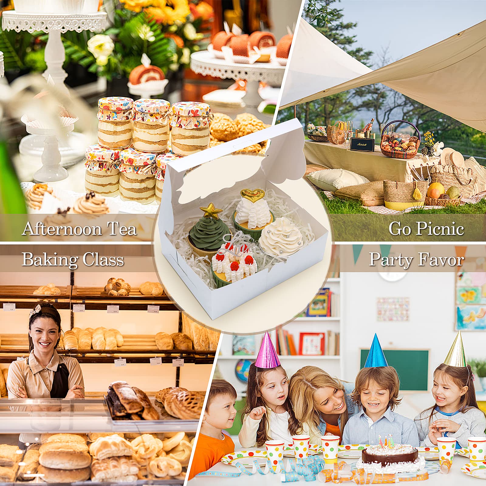 KPOSIYA 65 cajas de galletas de 8 x 6 x 2.5 pulgadas con ventana, cajas de panadería plateadas para regalo, golosinas, postres, cupcakes, chocolate, fresas, donas, magdalenas (5 ventanas de estilo)