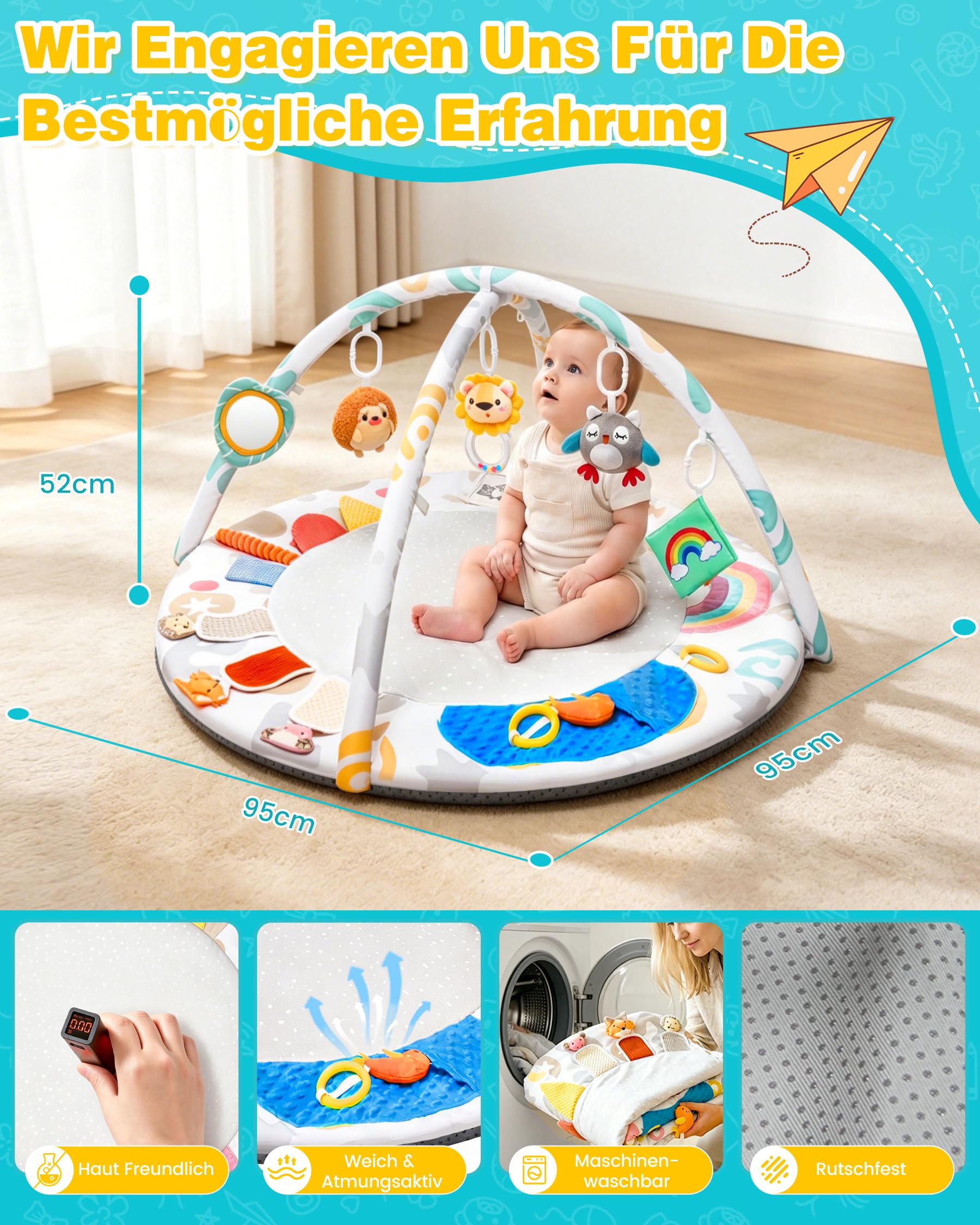 Tapis d'Éveil Bébé avec Arche Amovible, Jeux Sensoriels Montessori pour Matelas d'Activité, Tapis d'Éveil avec 5 Jouets à Suspendre, 0-12 Mois Cadeau de Naissance Garçon Fille