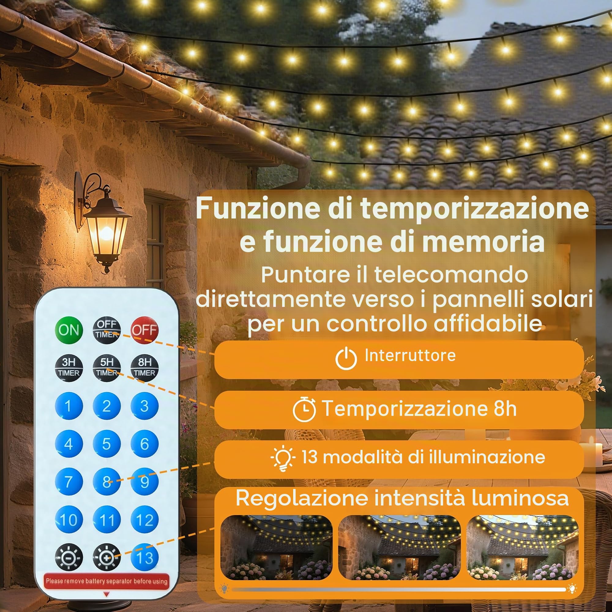 Aufun Luci Solari da Esterno, 1000 LED Luci ad Energia Solare Impermeabile Bianco Caldo 8 Modalità Luci con Telecomando per Festa in Giardino Balcone Terrazza Decorazione Domestica (100m)