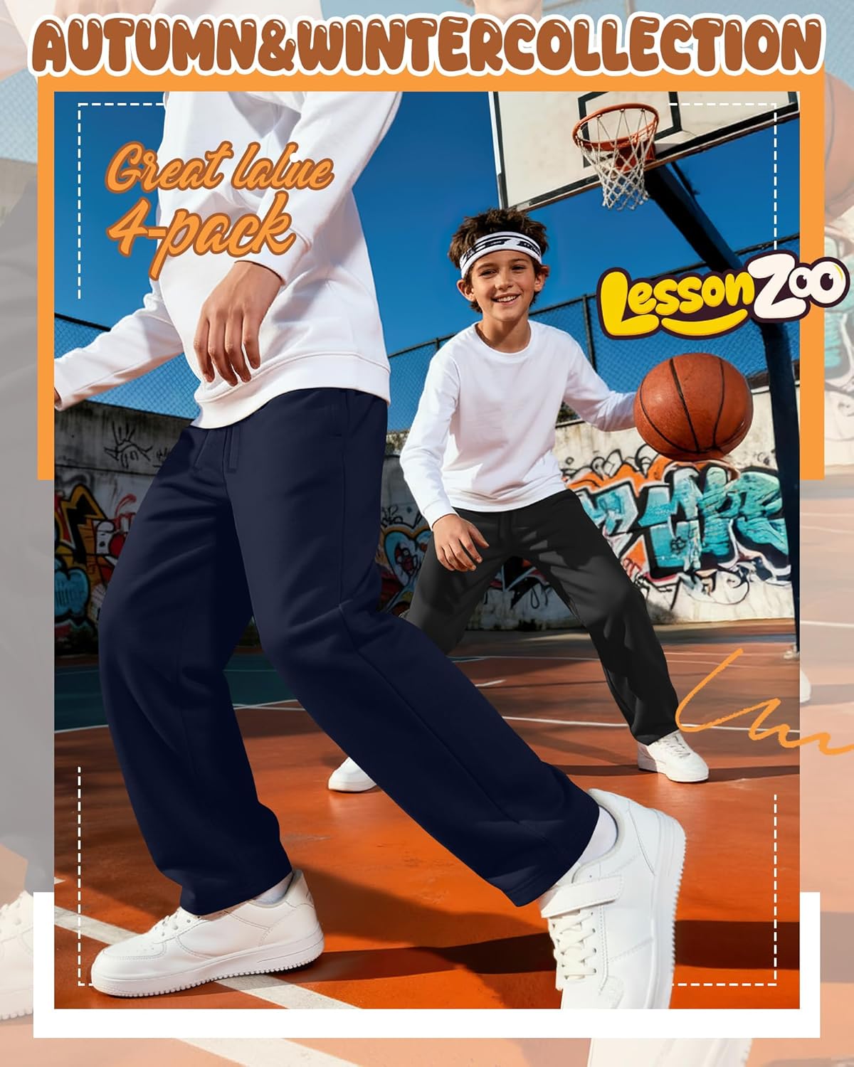 4 Pack Boys Baggy Sweatpants Straight Leg Open Bottom Casual Pants Basic Elastic Waist Athletic Kids Joggers - Image 3