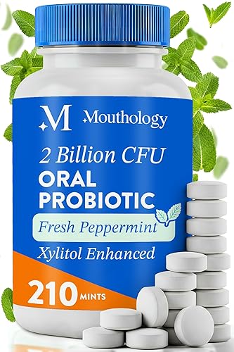 Mouthology Probióticos orales para la boca con xilitol (210 unidades de mentas), probiótico dental, probiótico bucal para el mal aliento y las encías
