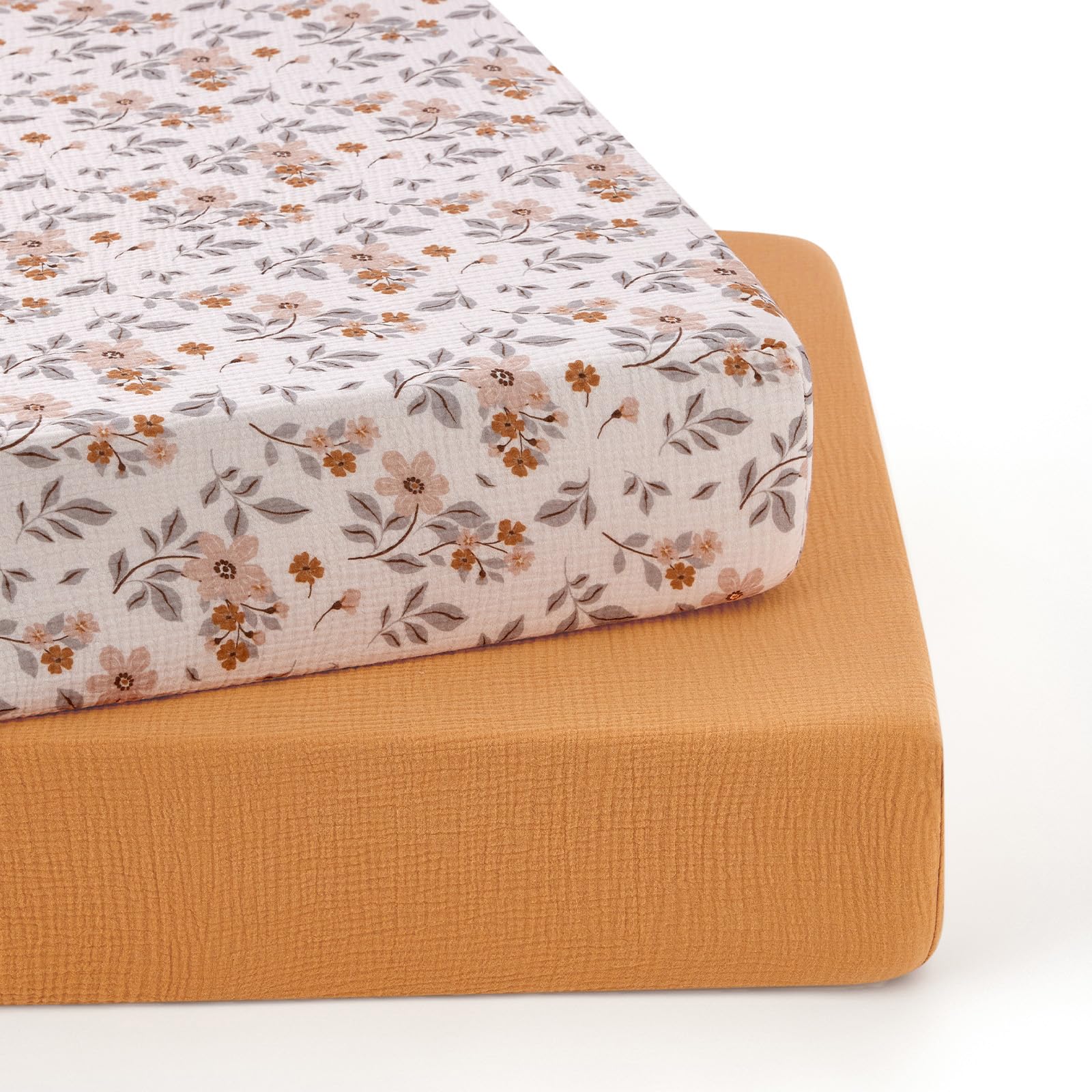 TILLYOU Muslin Fitted Sheets Set of 2 Bed Sheets Cot 60 x 120 cm 100% Cotton Fitted Sheet Baby Yellow Jasmine