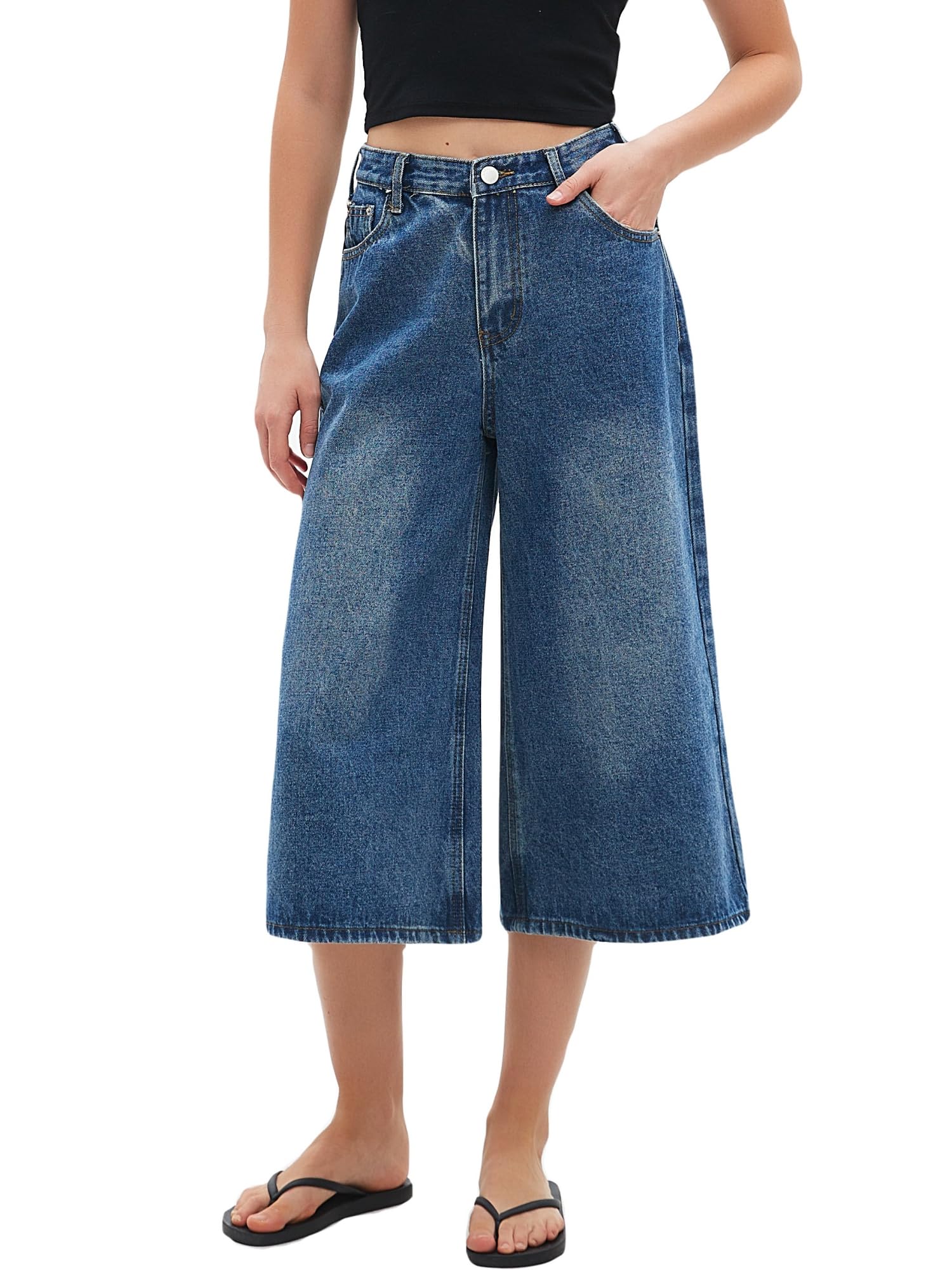 LifeShe Wide Leg Cropped Jeans for Women Low Rise Baggy Capris