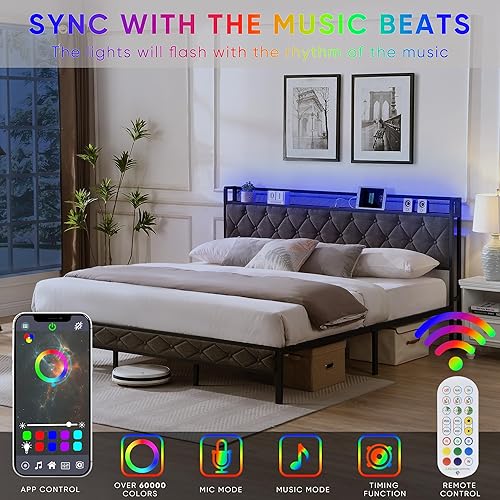 Miniatura 18 de HAUSHECK Base de cama tapizada de tamaño matrimonial con cabecera de almacenamiento, espacios debajo de la cama de 12 pulgadas de altura y 4 puertos