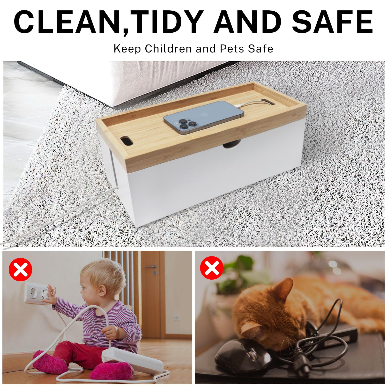 Caja organizadora de cables de bambú, caja organizadora de cables grande para ocultar cables y regletas de alimentación para escritorio, soporte de cables para oficina y hogar, no requiere montaje