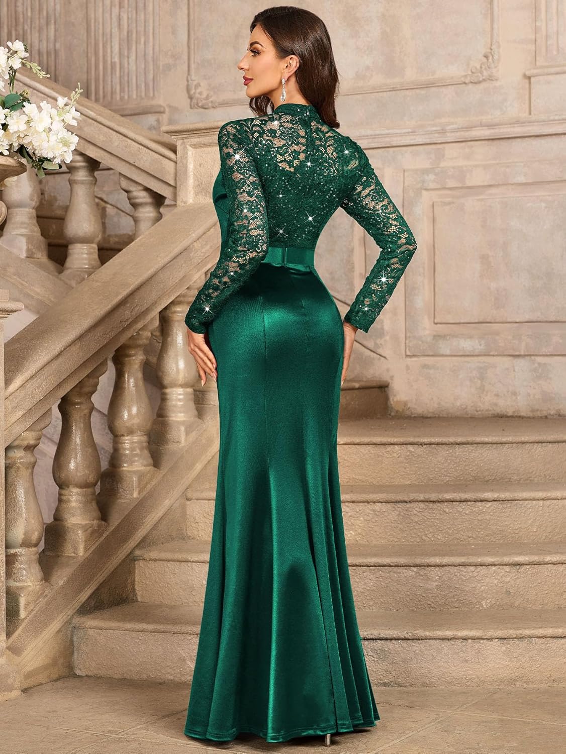 Miusol Women's Vintage Lace Contrast Satin Design Ruched Ruffle Formal Evening Maxi Dress - Image 6