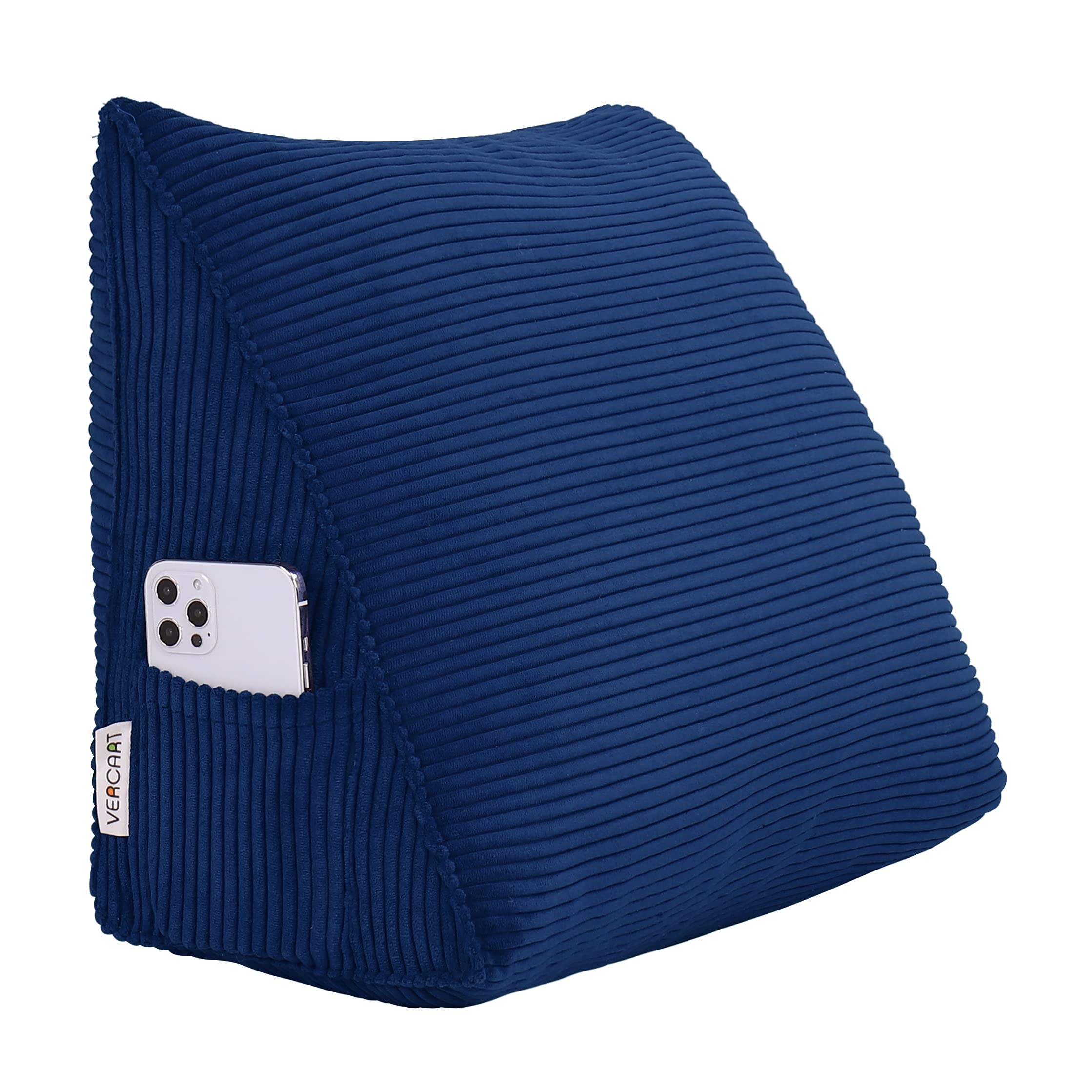 Coussin de dos en coin velours bleu foncé 45 cm pour lit et canapé