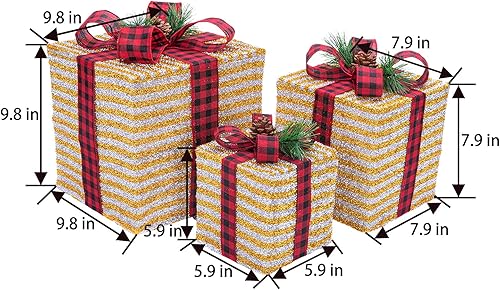 Miniatura 7 de Sunnyglade Juego de 3 cajas de regalo iluminadas de Navidad de 10 a 8 a 6 pulgadas, cajas de decoración con enchufe, lazos, hojas de pino