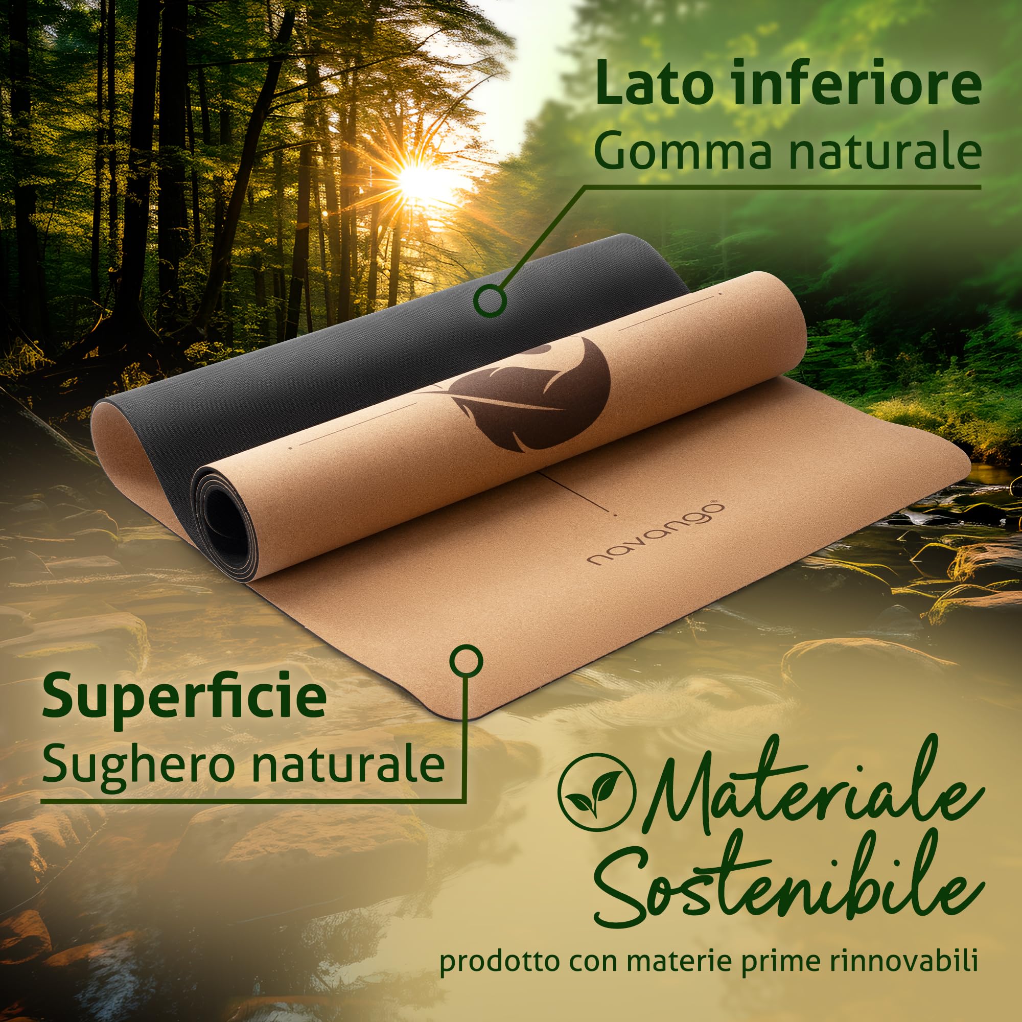 Tappetino Yoga Sughero | 183x61x0,4cm | Tappetino Yoga Antiscivolo | in Gomma Naturale | Tappeto Pilates | Cinghia Yoga inclusa | Realizzato con Materiali Sostenibili | Set Pilates
