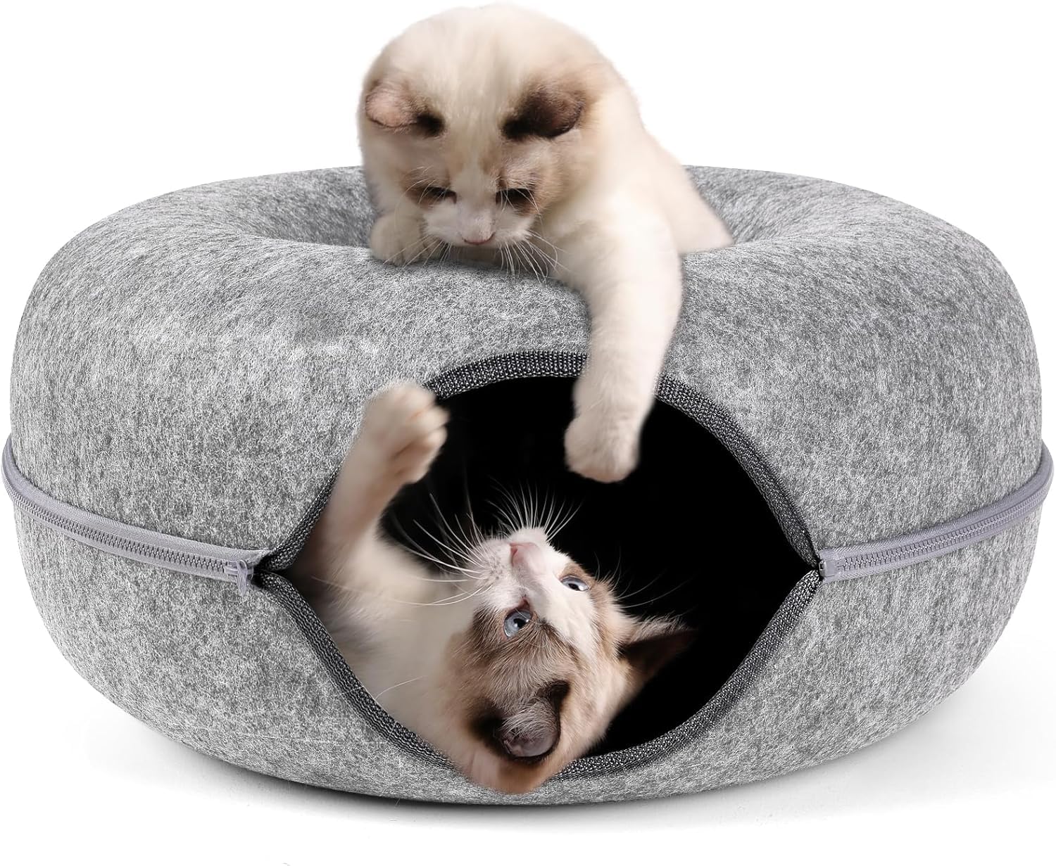 JELLEX Donut Design Cat Tunnel Bed for Indoor Cats, Cat Tunnel Cave Bed with Zipper Design, Interactive Cat Toy for Cats and Kittens, Anti-Collapse Felt Tunnel 20" x 20" x 8", Light Grey-image-46