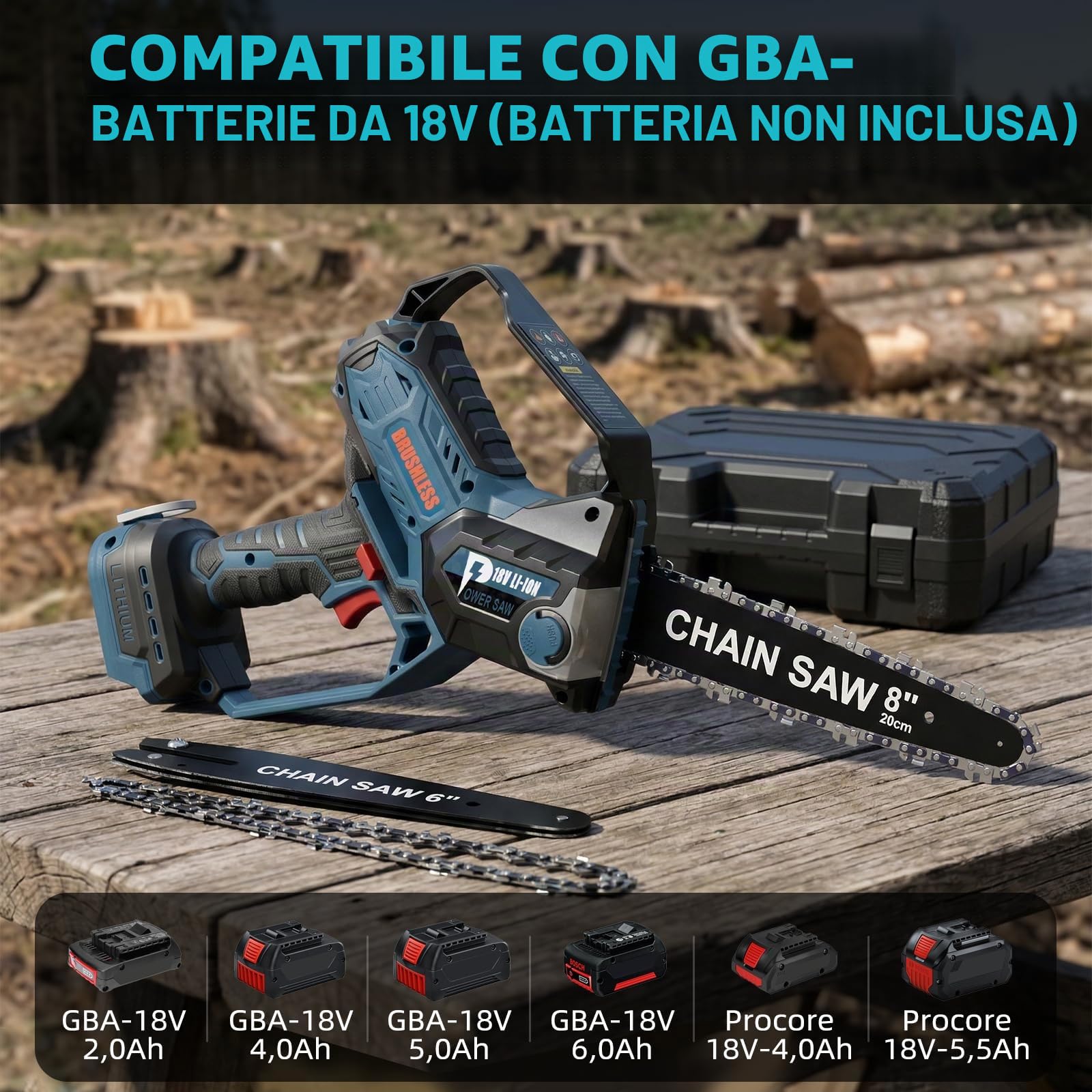 Motosega da 20 cm per batteria Bosch 18V GBA, auto-oliatore, motosega senza fili per potatura senza spazzole da 15 e 20 cm, motosega a batteria mini per taglio del legno, potatura degli alberi (solo