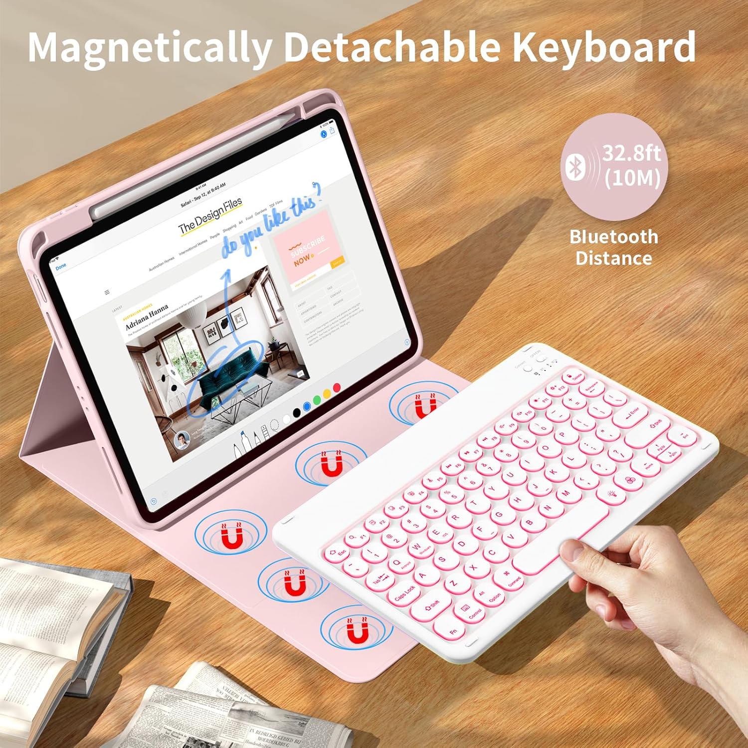 kenke for iPad 11/10th Gen Case with Keyboard 11/10.9 inch 2025 A16/2022, Detachable Wireless Bluetooth Keyboard Case with Right Side Pencil Holder, Backlit White Round Keycaps (Pink)