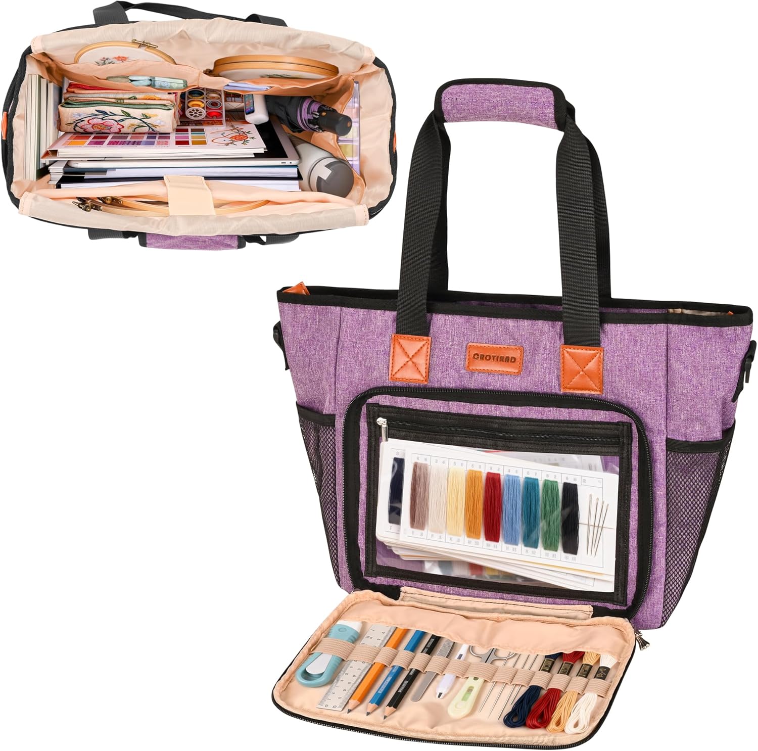 CROTIRAD Embroidery Bag Organizer for Cross Stitch Kits, Cross Stitch Bag for Embroidery Kit, books, hoops, Embroidery Project Bag with Shoulder Strap, Purple