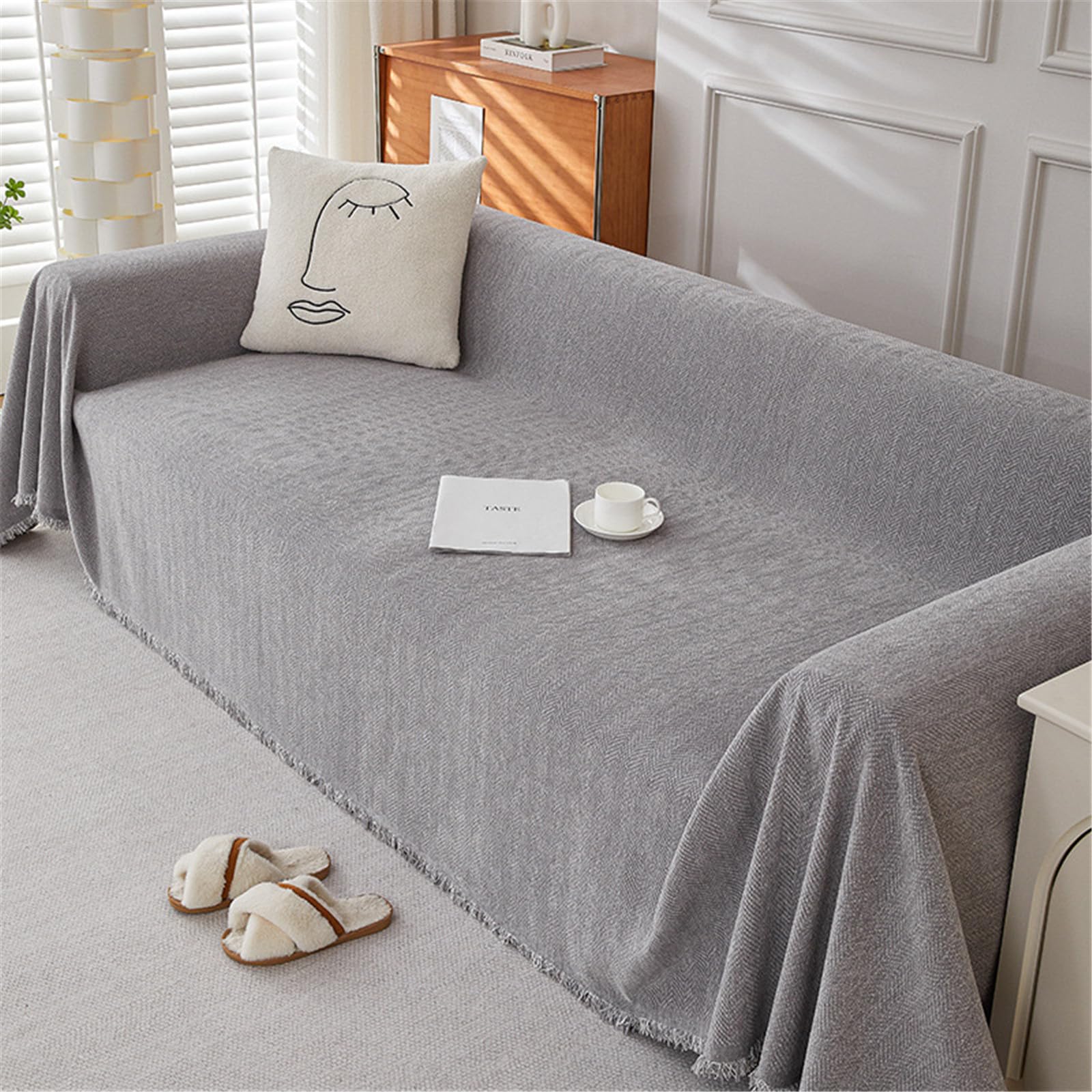FANSU Housse de Canapé Élégant Serviette de Canapé, Tissée Gris Dessus de Lit Couverture de Canapé Housse de Protection Universel Multifonction Décoration pour Chien Animaux (180x340cm,Gris Clair)
