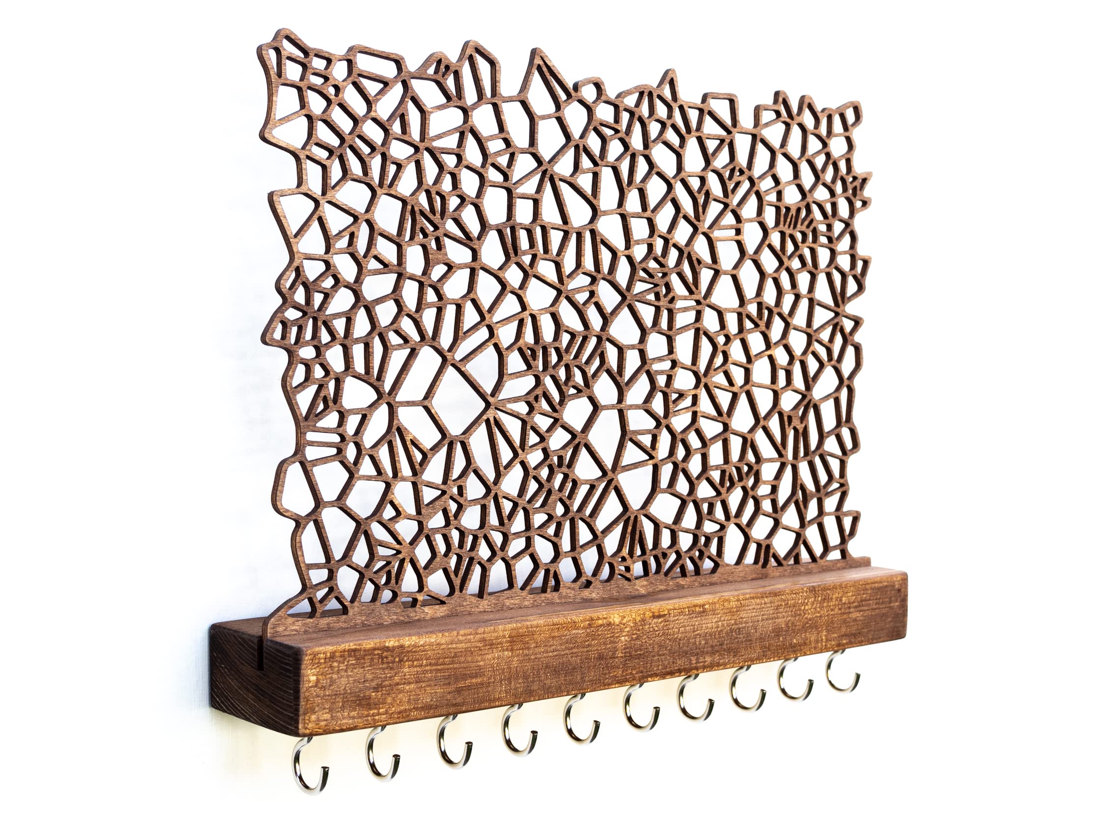 Handgemachter Schmuckhalter aus Holz für die Wand - Aufbewahrung für Ohrringe Halsketten Armbänder - Wandhalterung Schmuckablage mit Haken