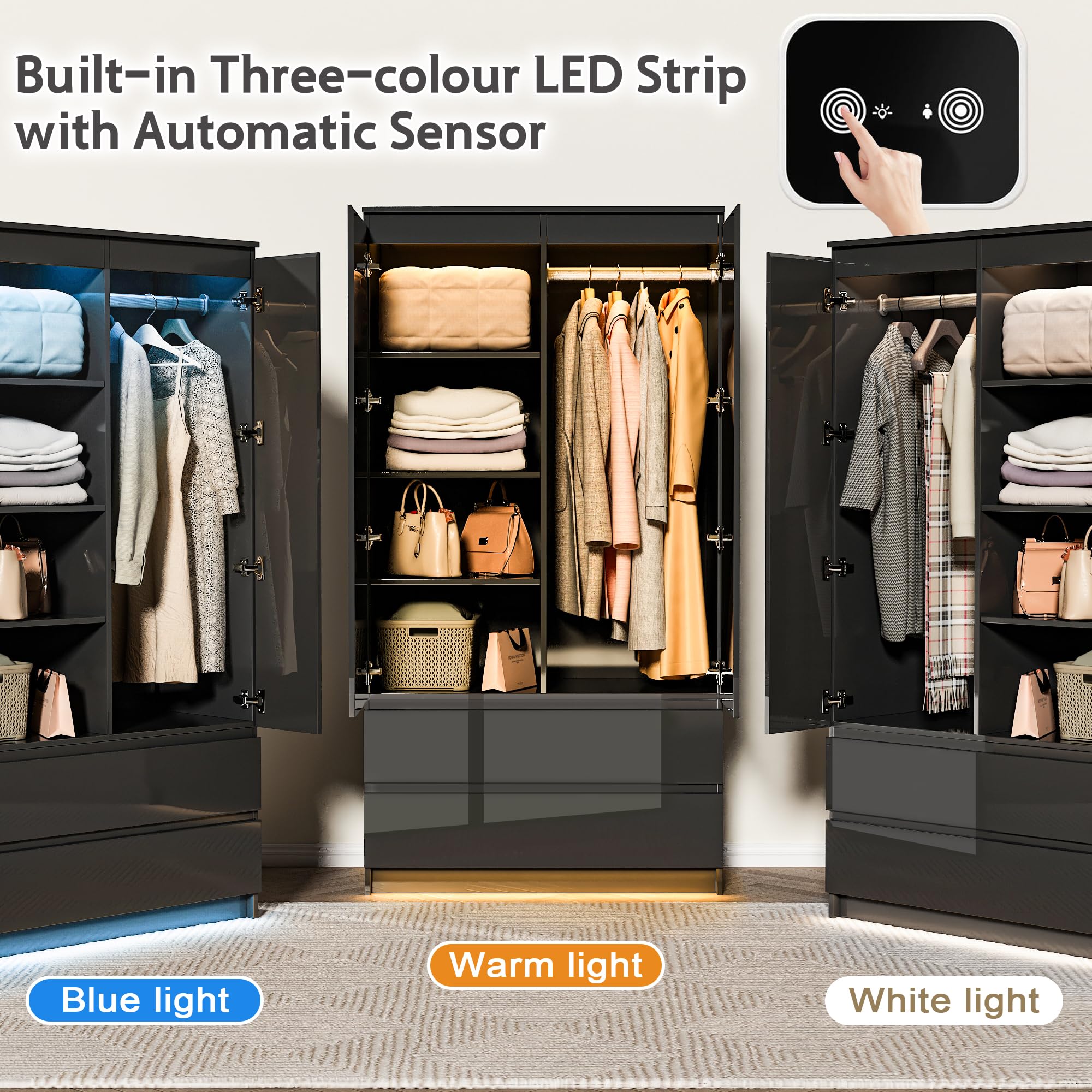 Armario Ropero 2 Puerta, Armario Multiusos Avec luz led con Sensor de Movimiento, Avec 2 Tiroirs, Organizador de Ropa y Almacenaje para el Dormitorio (Negro)